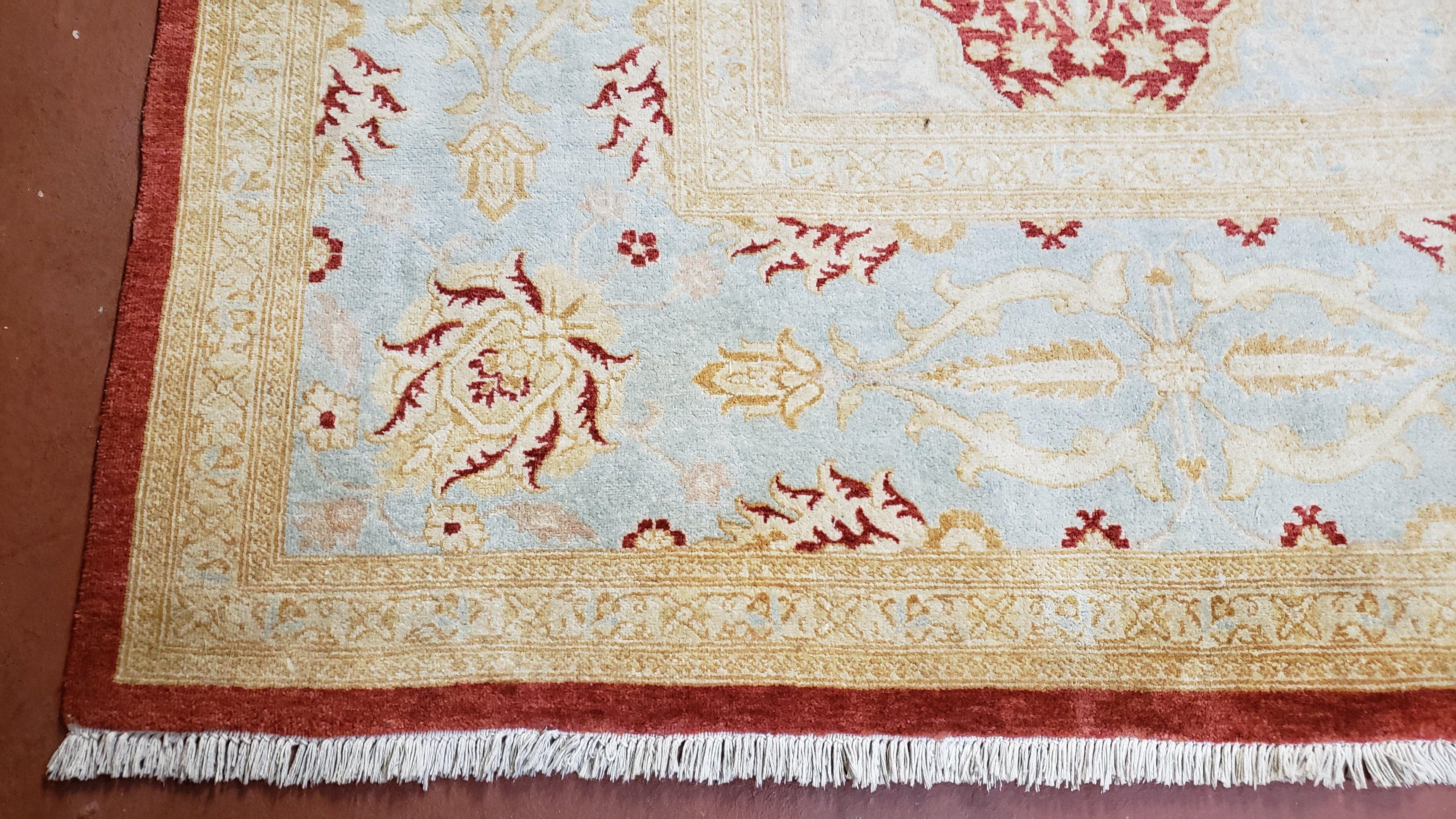 9x12 Peshawar Rug Pakistani Oriental Carpet Sky Blue and Red Wool Vintage Master Bedroom Rug Hand-Knotted Living Room Rug Dining Room Rug
