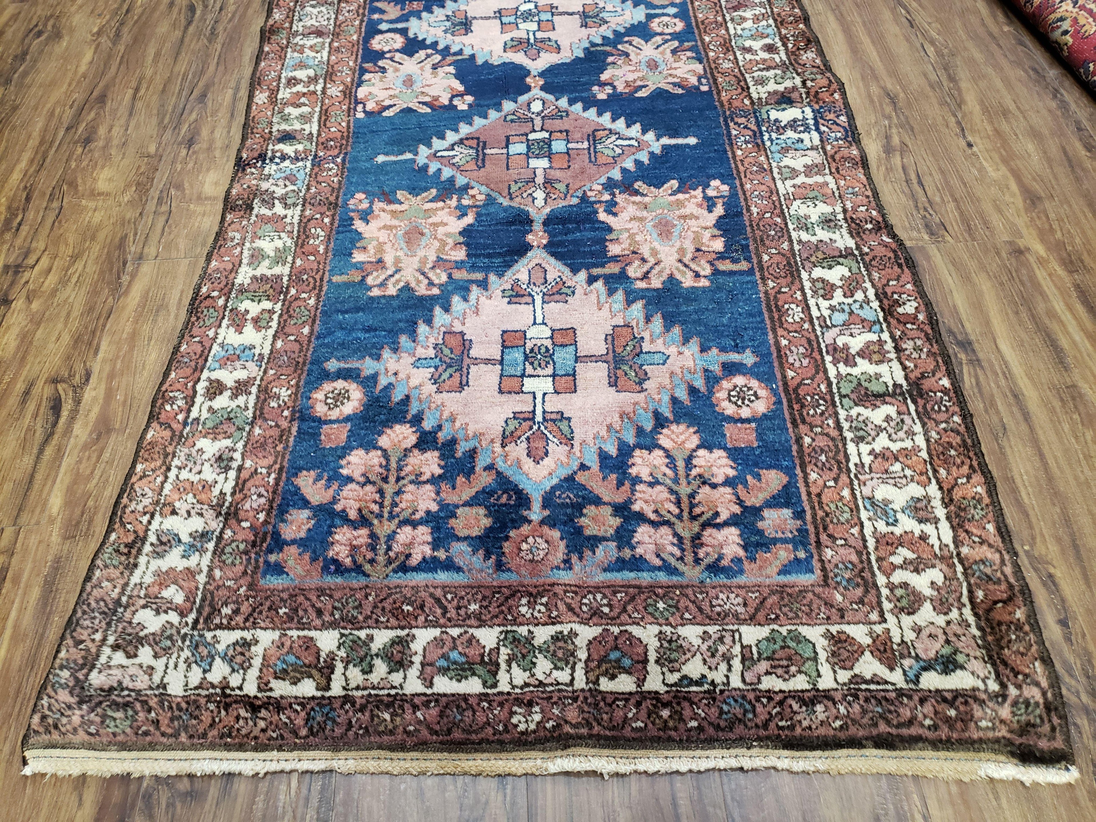 Blue Vintage Persian Hamadan Rug, Wool, Hand-Knotted, 4x6 ft