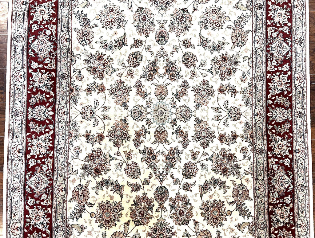 Pak Persian Rug 6x9, Floral Allover Carpet 6 x 9 ft, Cream and Maroon Hand Knotted Wool and Silk Fine Oriental Rug, Traditional Vintage Rug
