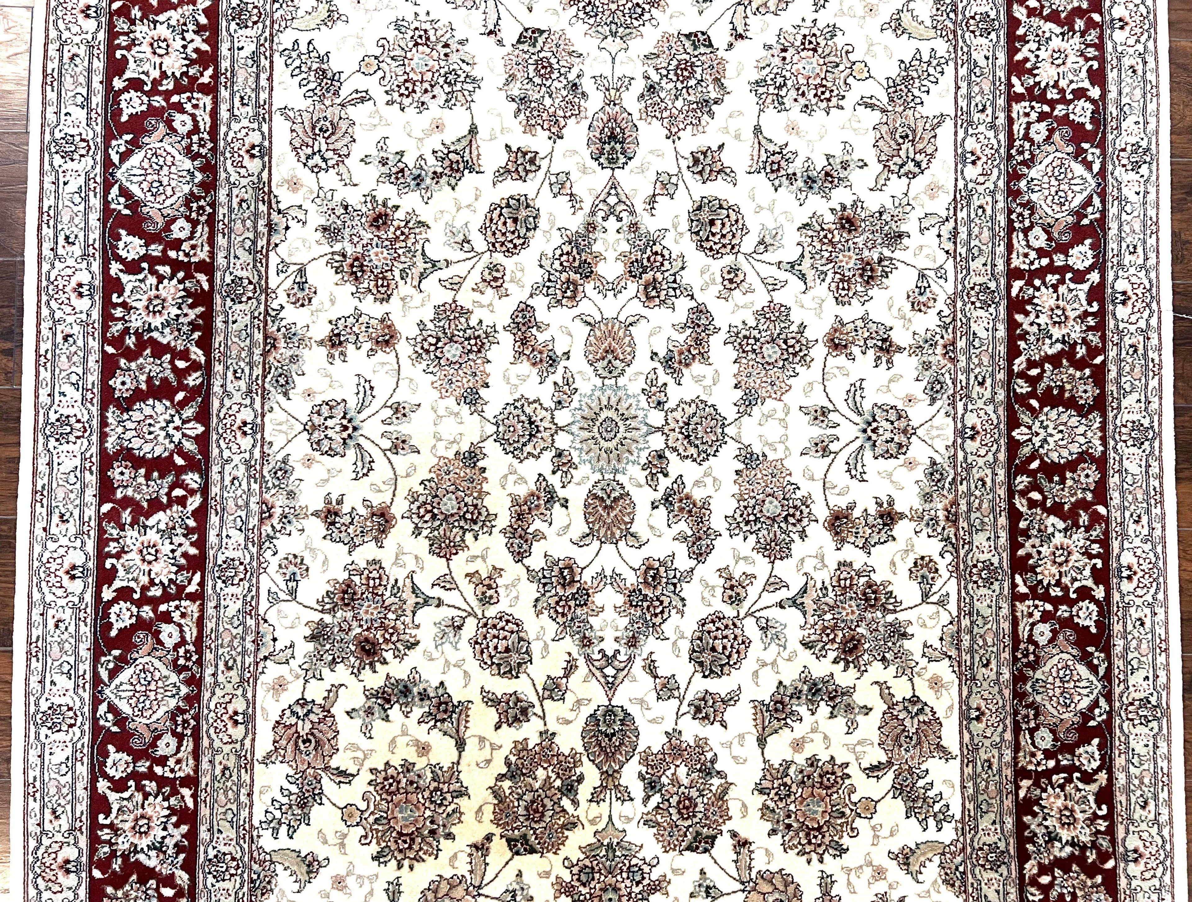 Pak Persian Rug 6x9, Floral Allover Carpet 6 x 9 ft, Cream and Maroon Hand Knotted Wool and Silk Fine Oriental Rug, Traditional Vintage Rug