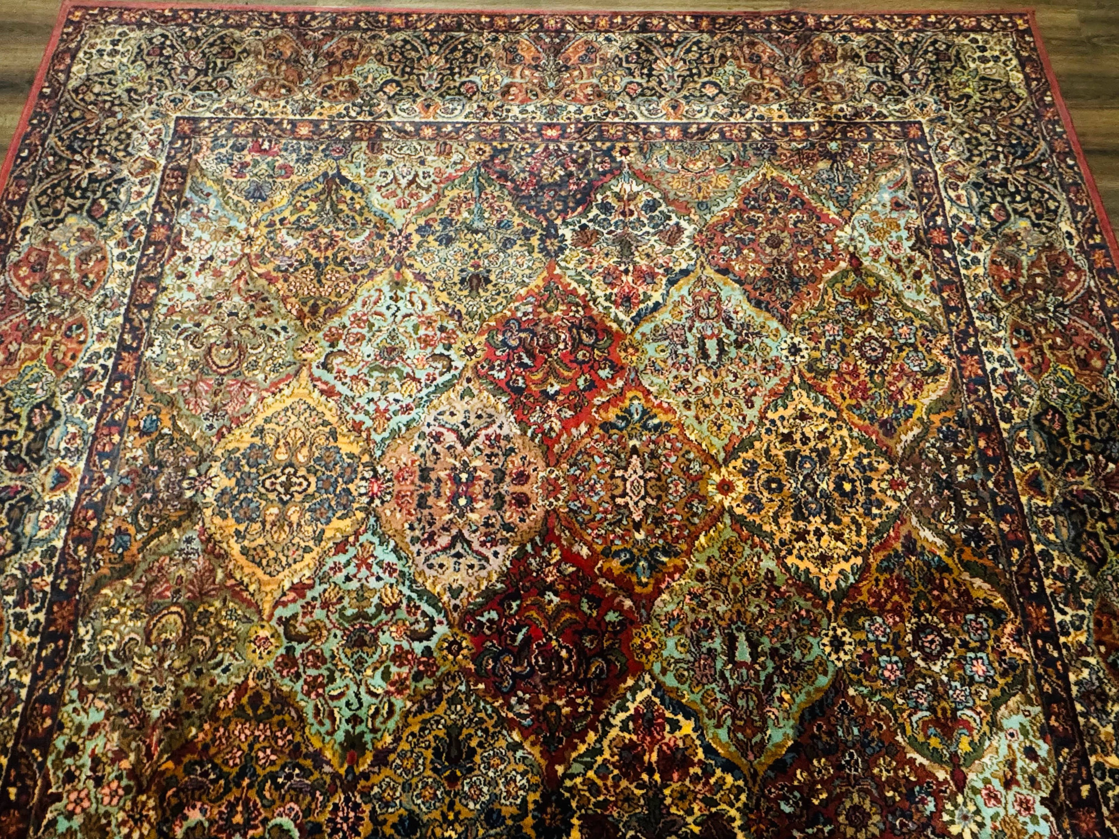 Square Karastan Multicolor Panel Kirman Rug #717, Rare Size 8.8 x 8.8, Original 700 Series, Wool
