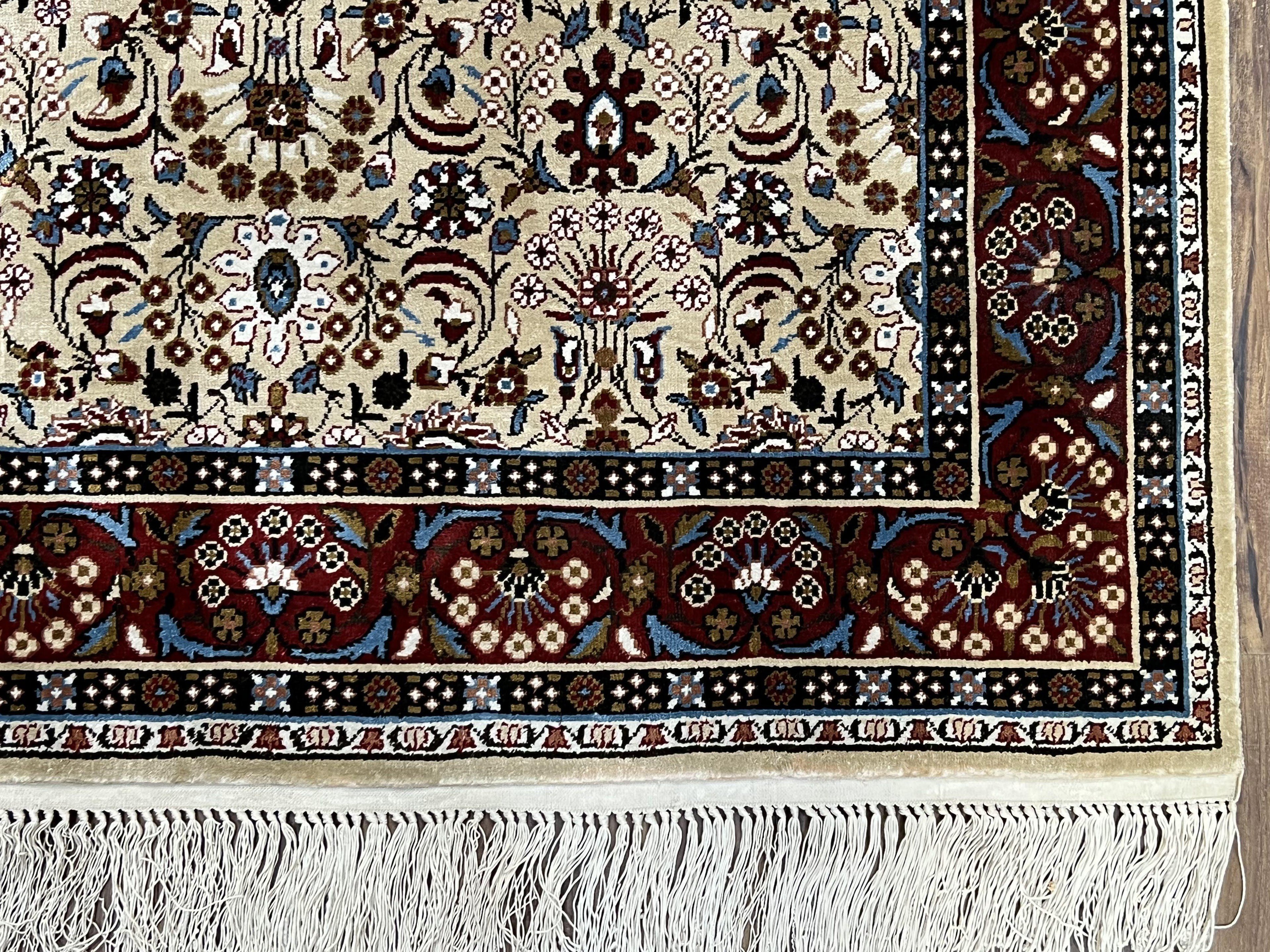 Fine Sino-Persian Silk Rug 3x5, High Quality Silk Carpet, Handmade Small Silk Rug, Allover Repeated Motif, Tan Maroon Blue Vintage Silk Rug