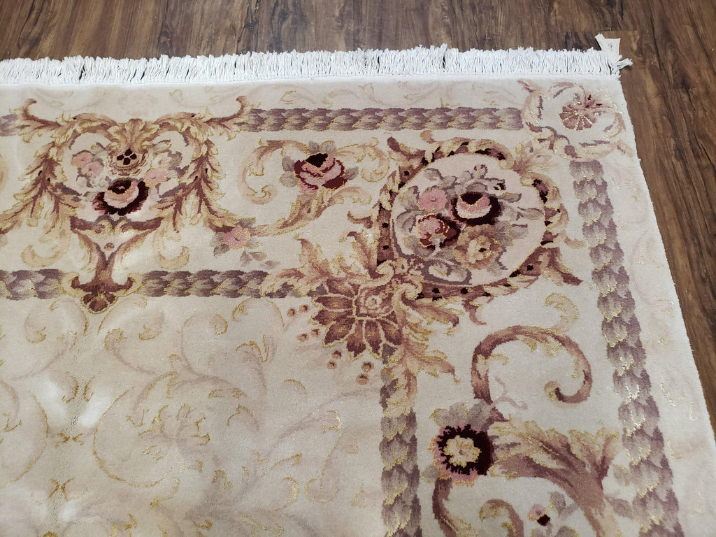 Vintage Ivory Chinese Aubusson Area Rug 6x9, Wool & Silk, Hand-Knotted 120 Line Fine Rug, European Design Carpet, 6 x 9 Master Signature Rug