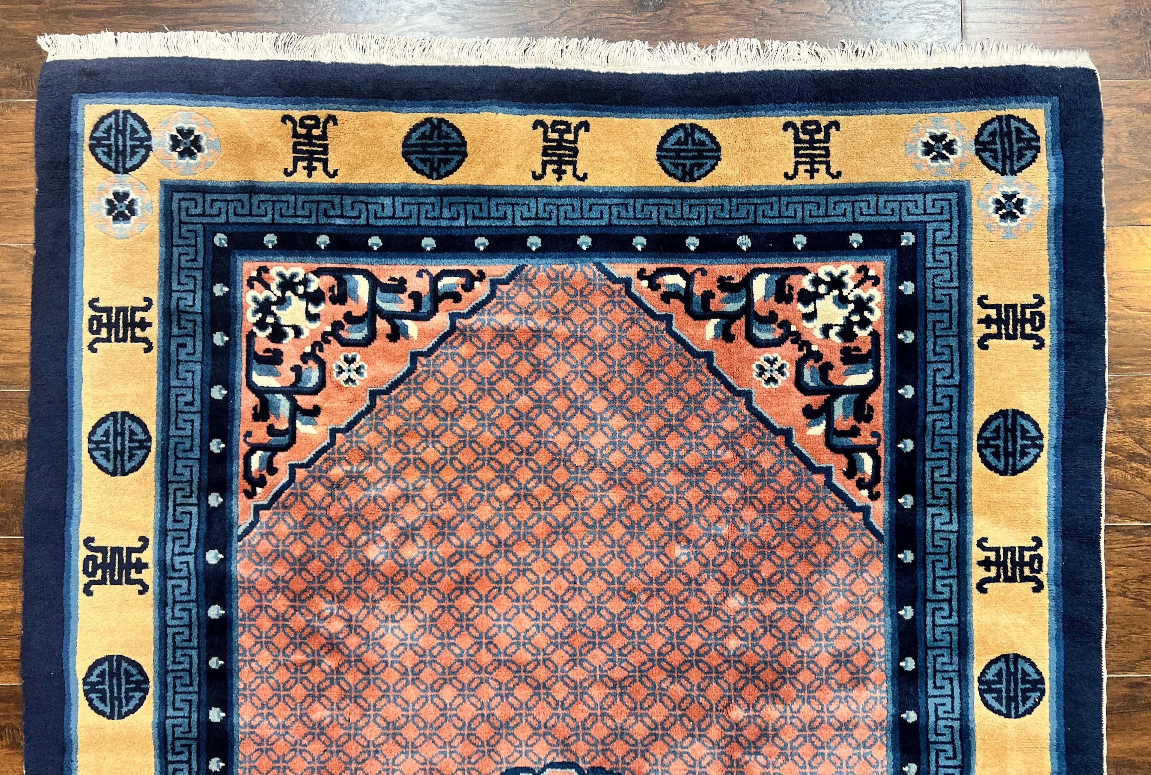 Chinese Peking Rug 5x8, Vintage Semi Antique Chinese Art Deco Carpet, Wool Pile Light Red/Salmon Gold Navy Blue, Handmade Asian Oriental Rug