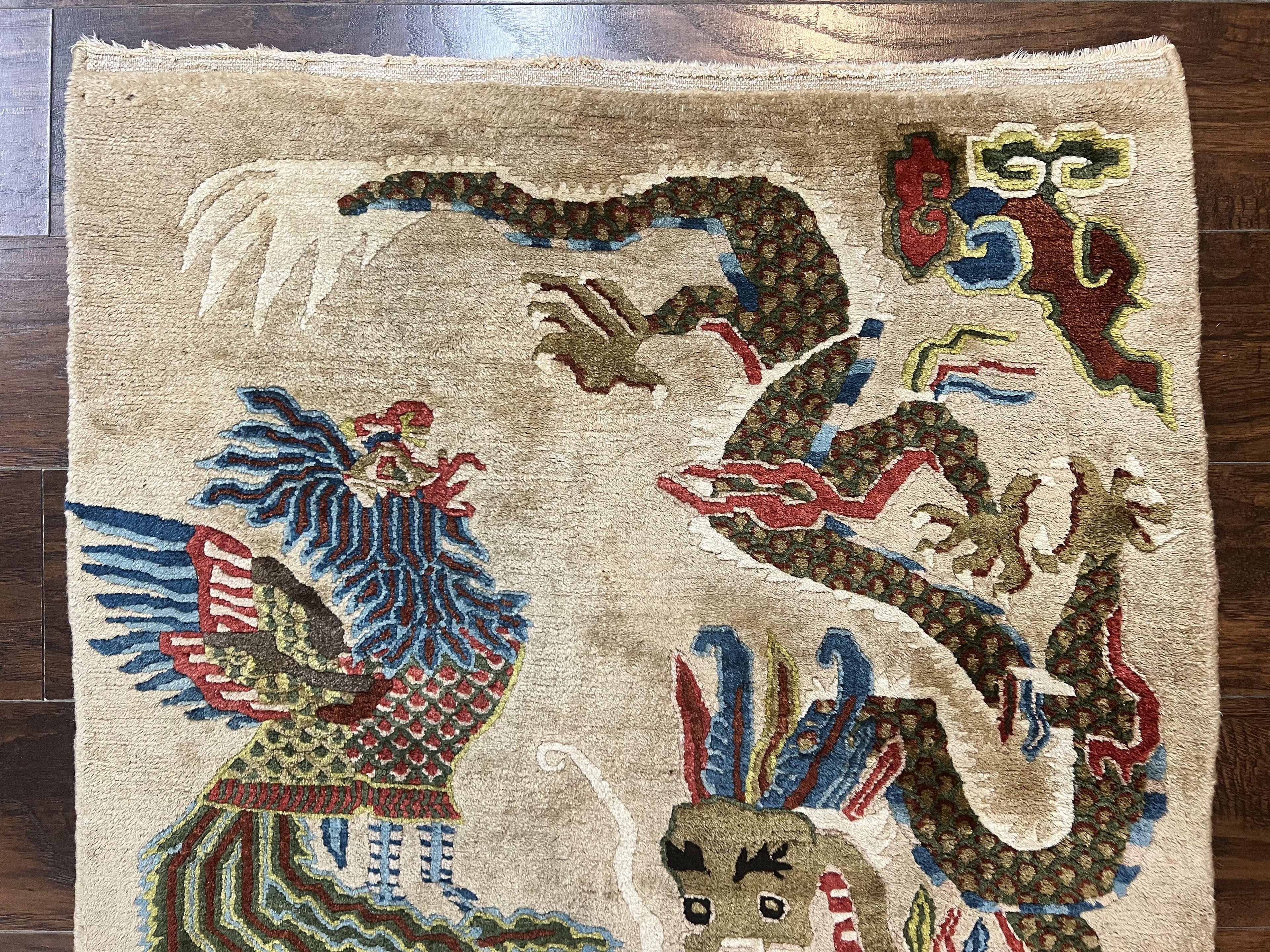 Antique Chinese Peking Rug 3 x 5.6, Dragon Motifs, Handmade Wool Asian Oriental Carpet