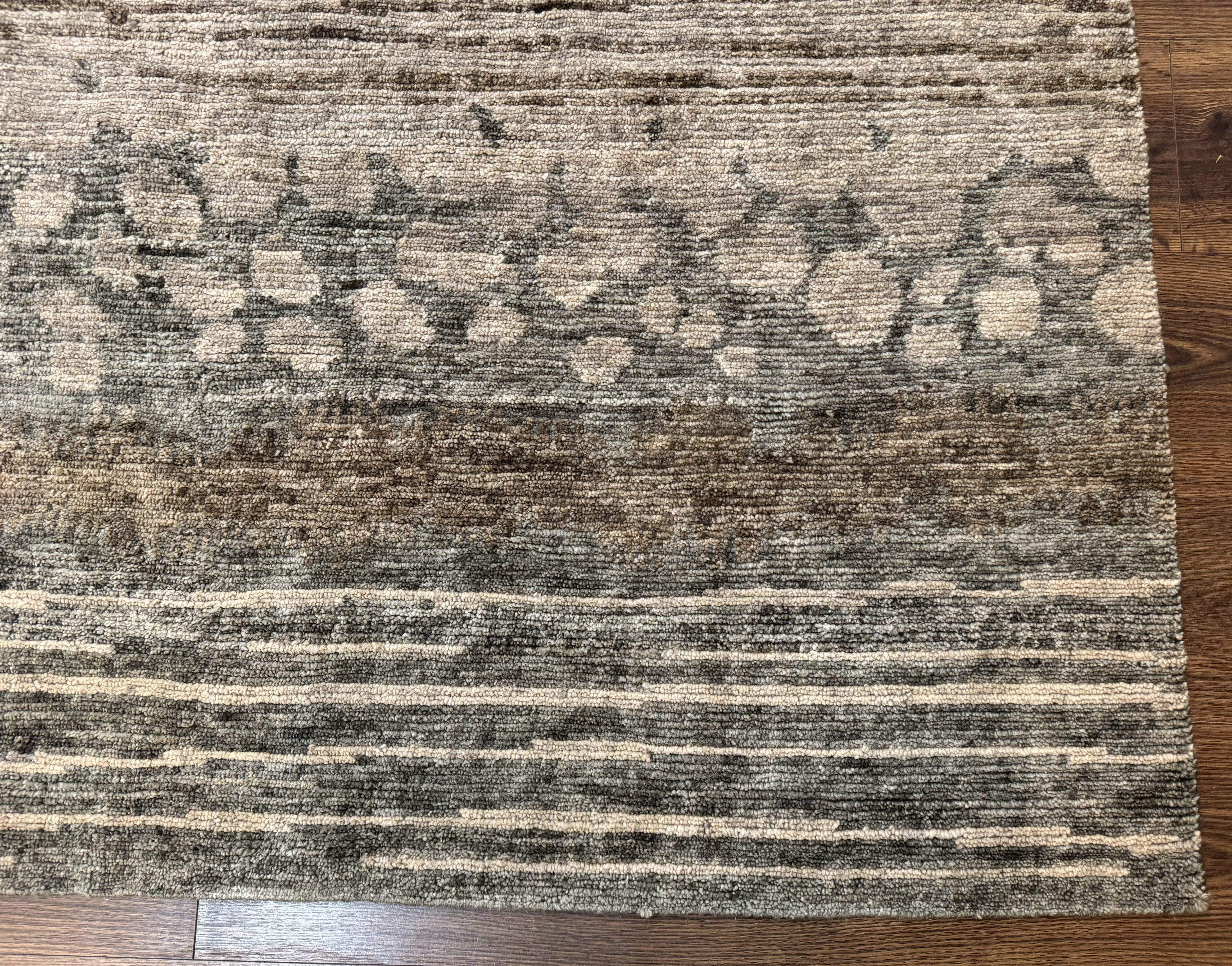 Modern Tibetan Wool Rug 8x10, Abstract, Contemporary, Handmade, Gray, Stripes