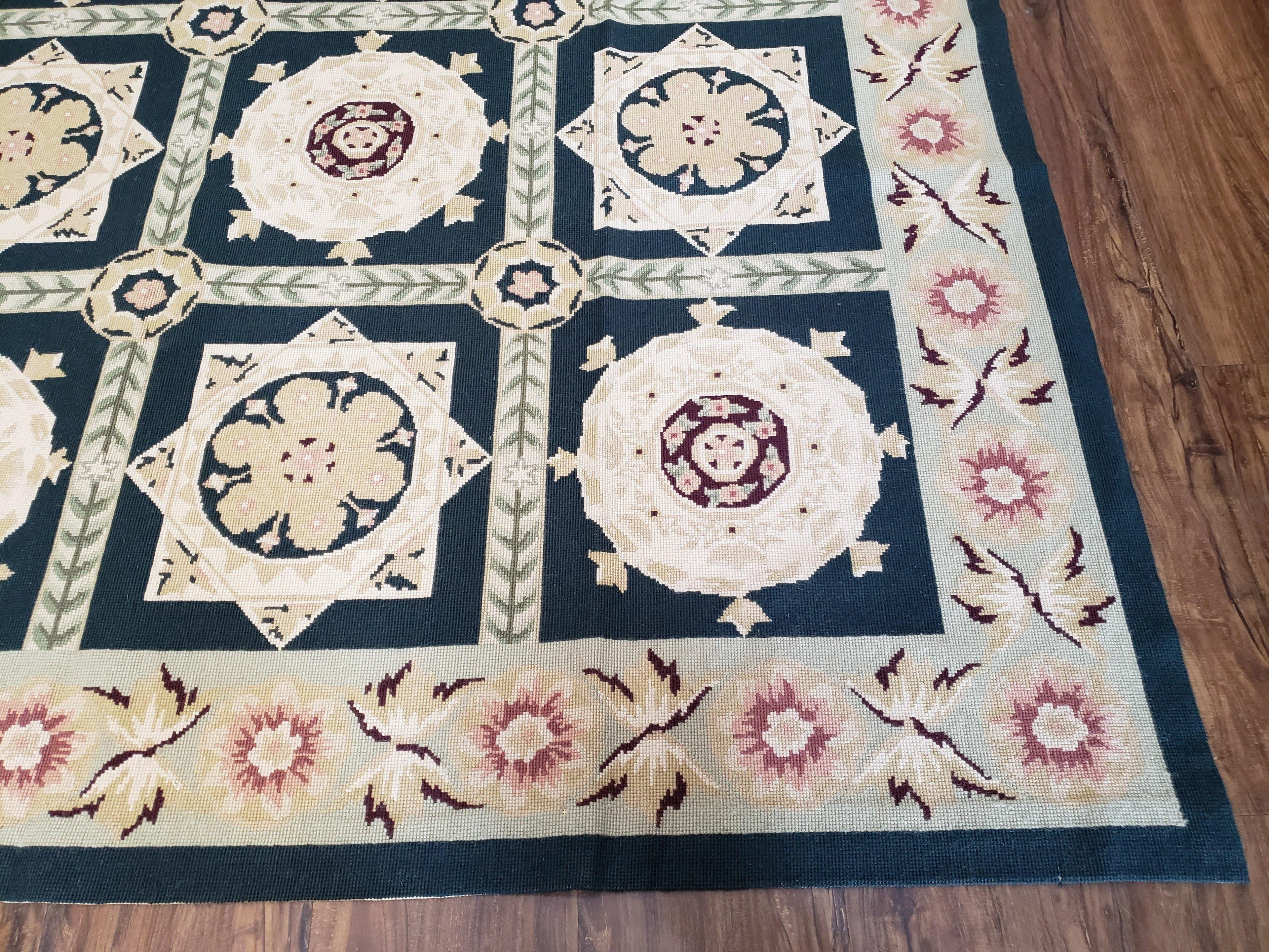 Vintage Chinese Needlepoint Rug 6x9, Panel Design Area Rug Wool Hand-Woven Black & Ivory Carpet Flat Weave Bedroom Rug 6 x 9 Living Room Rug