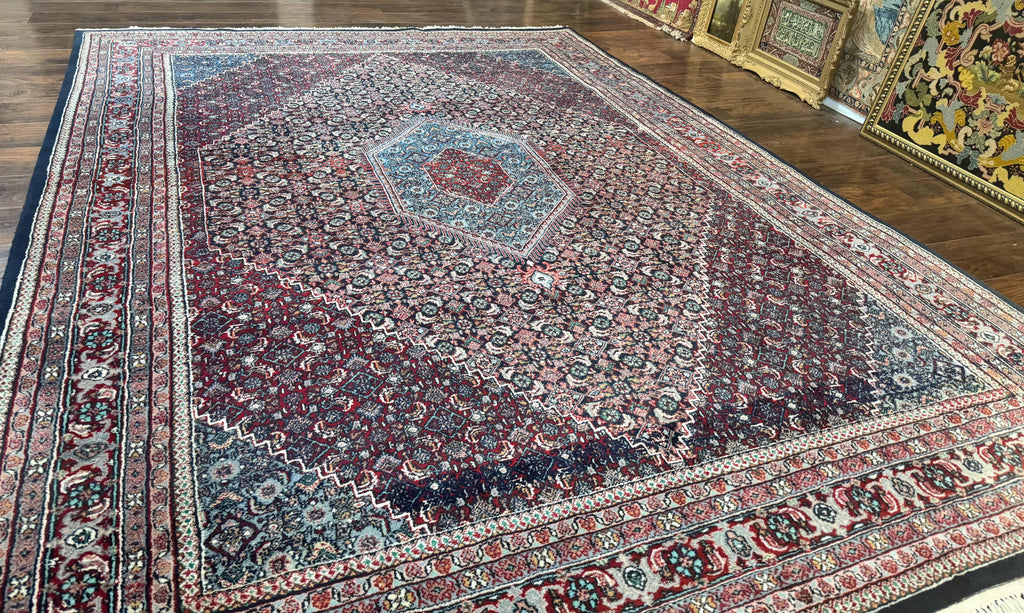 Indo Persian Bidjar Rug 8x11, Herati Mahi Pattern, Red Navy Blue, Handmade Vintage Wool Carpet