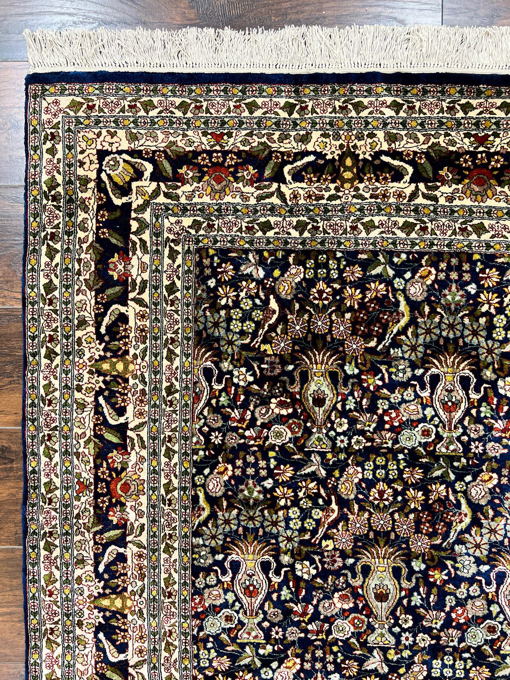 Silk Indian Kashmiri Rug 5x7, Navy Blue Indo Persian Silk Carpet 5 x 7 ft, Hand Knotted Handmade Very Fine Oriental Carpet, 450 KPSI, Birds