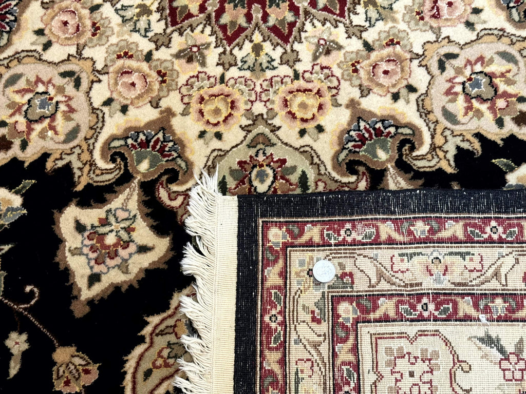 Sino Persian Rug 9x12, Black and Beige, Floral Medallion, Wool & Silk, Handmade