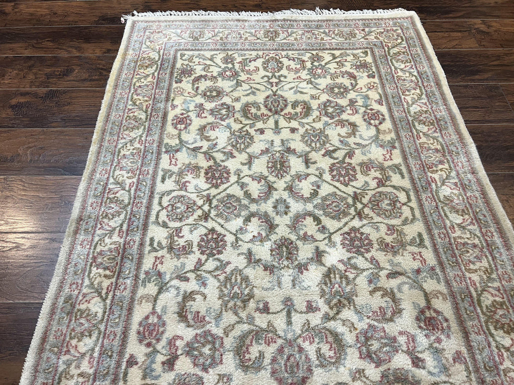 Indo Persian Rug 4x6, Vintage Handmade Wool Carpet, Floral Allover Pattern, Beige, Pair A