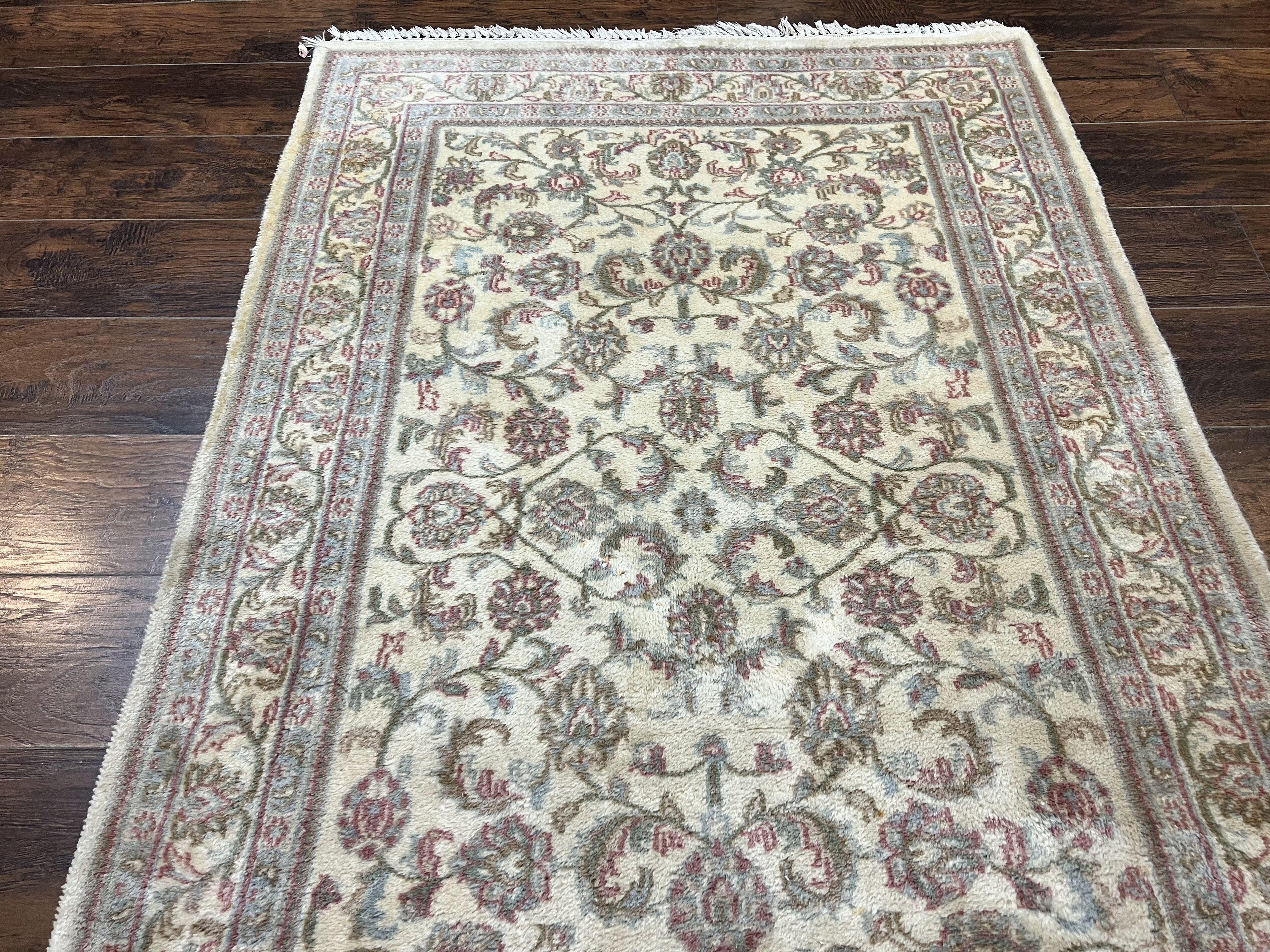 Indo Persian Rug 4x6, Vintage Handmade Wool Carpet, Floral Allover Pattern, Beige, Pair A