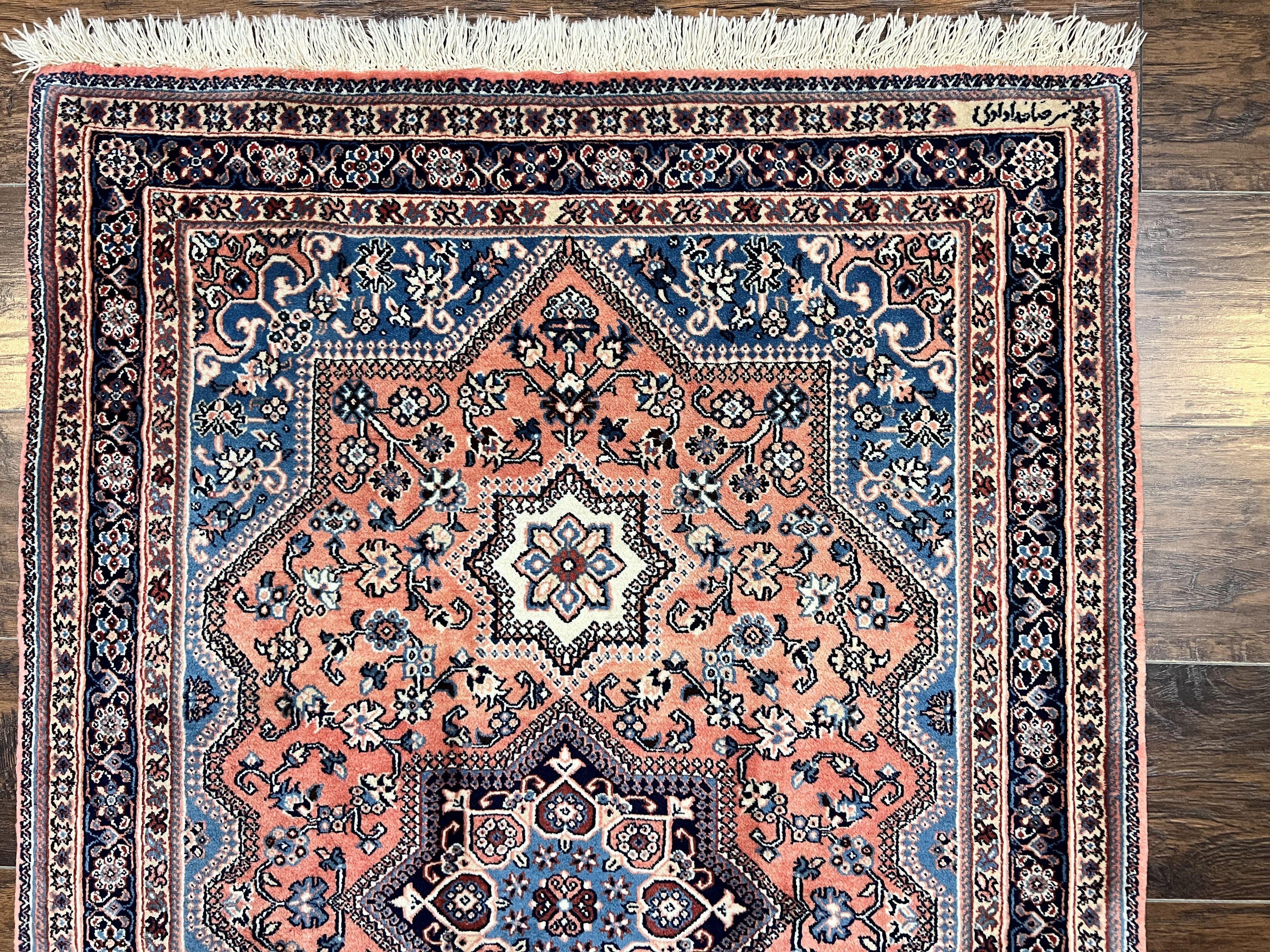 Persian Shiraz Rug 3x5, Geometric Tribal Rug, Wool Hand Knotted Vintage Carpet, Light Red & Blue, Signed by Masterweaver