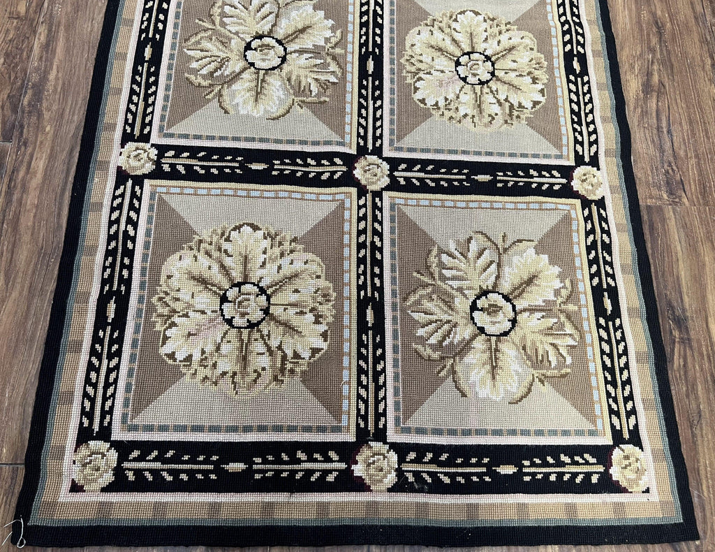 Needlepoint Runner Rug 3x8 Panel Design Rug, Flatweave Runner Rug, English Design, Floral, Short Runner Rug, Black and Beige Wool Hand-Woven