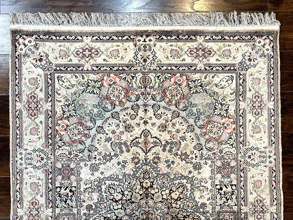 Silk Indian Kashmiri Rug 4x6, Handmade, Ivory, Fine 240 KPSI