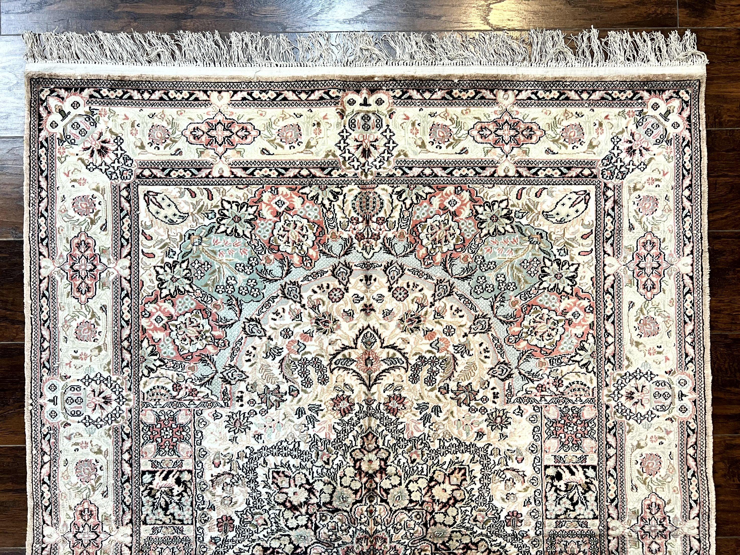 Silk Indian Kashmiri Rug 4x6, Handmade, Ivory, Fine 240 KPSI