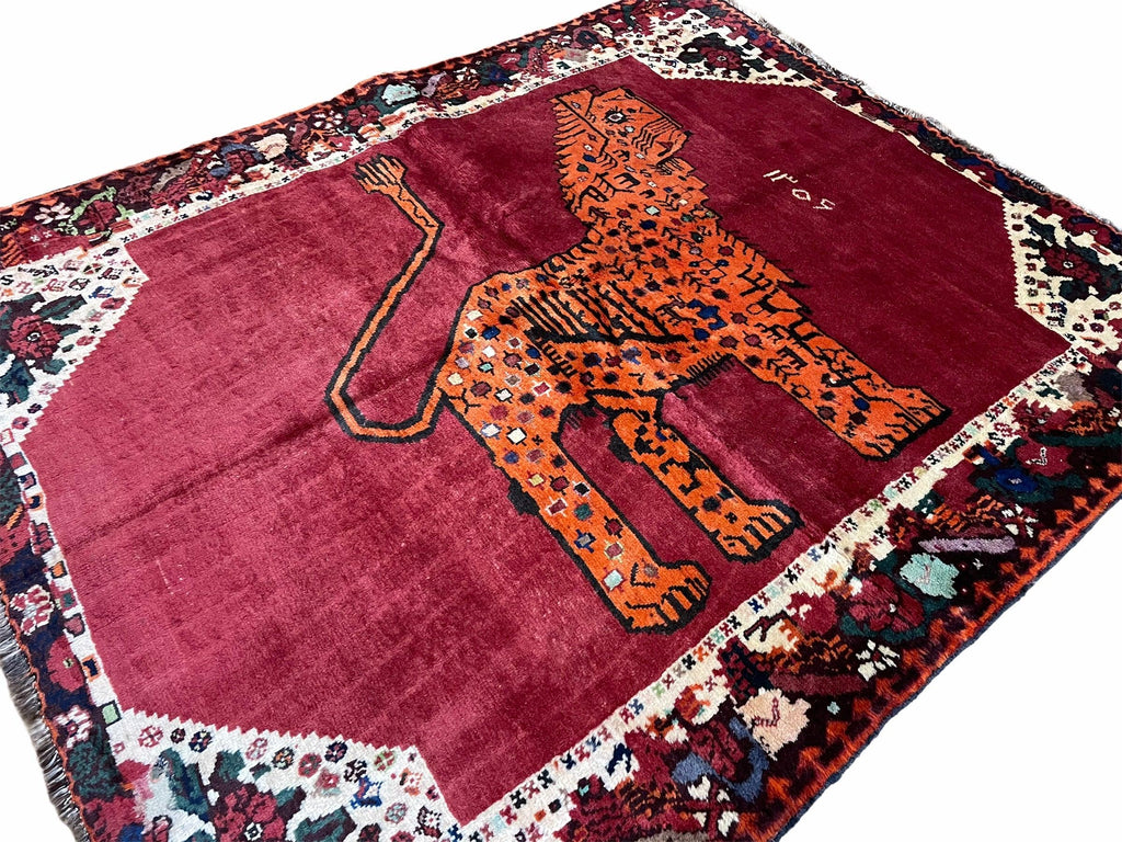 5 X 6 Handmade Rug Zagros Quality Wool Rug Lion Organic Dyes Red Leopard Tribal