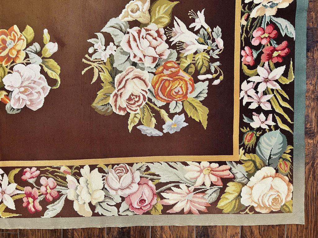 Vintage Needlepoint Rug 9x12, Large Handmade Hand-woven Needlepoint Carpet, Brown Area Rug, Floral Bouquets, Wool Rug, European Design