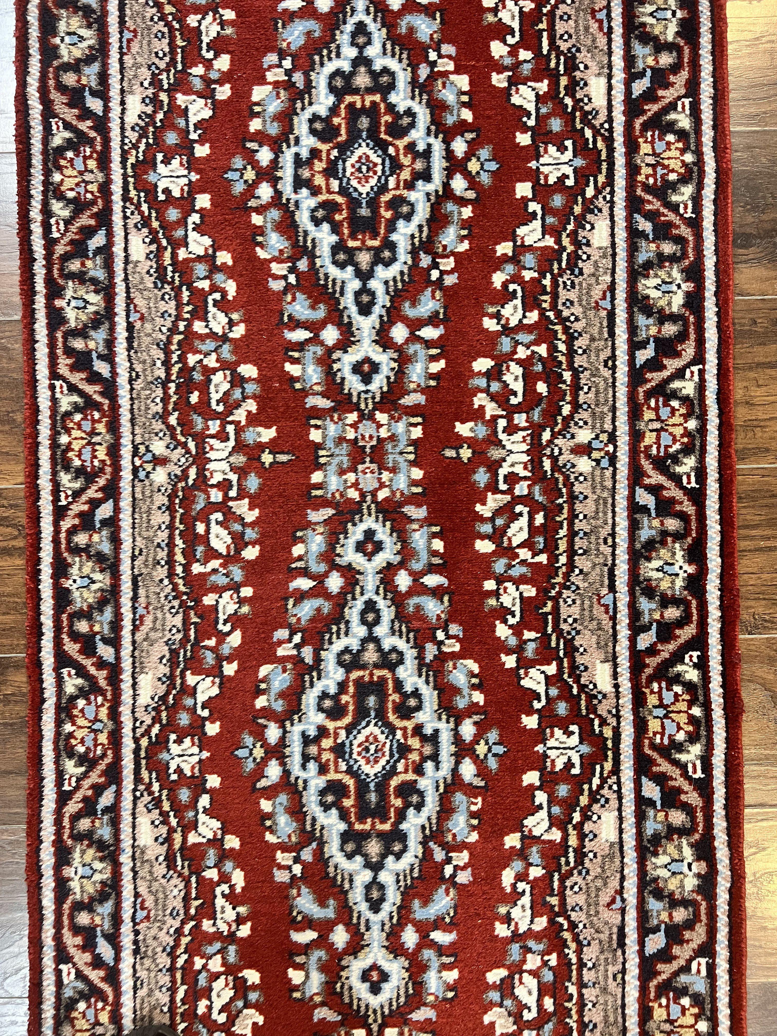 Indo Persian Runner Rug 2.8 x 14.8, Long Indo Kirman Hallway Rug, Red Floral Wool Vintage Handmade Oriental Runner