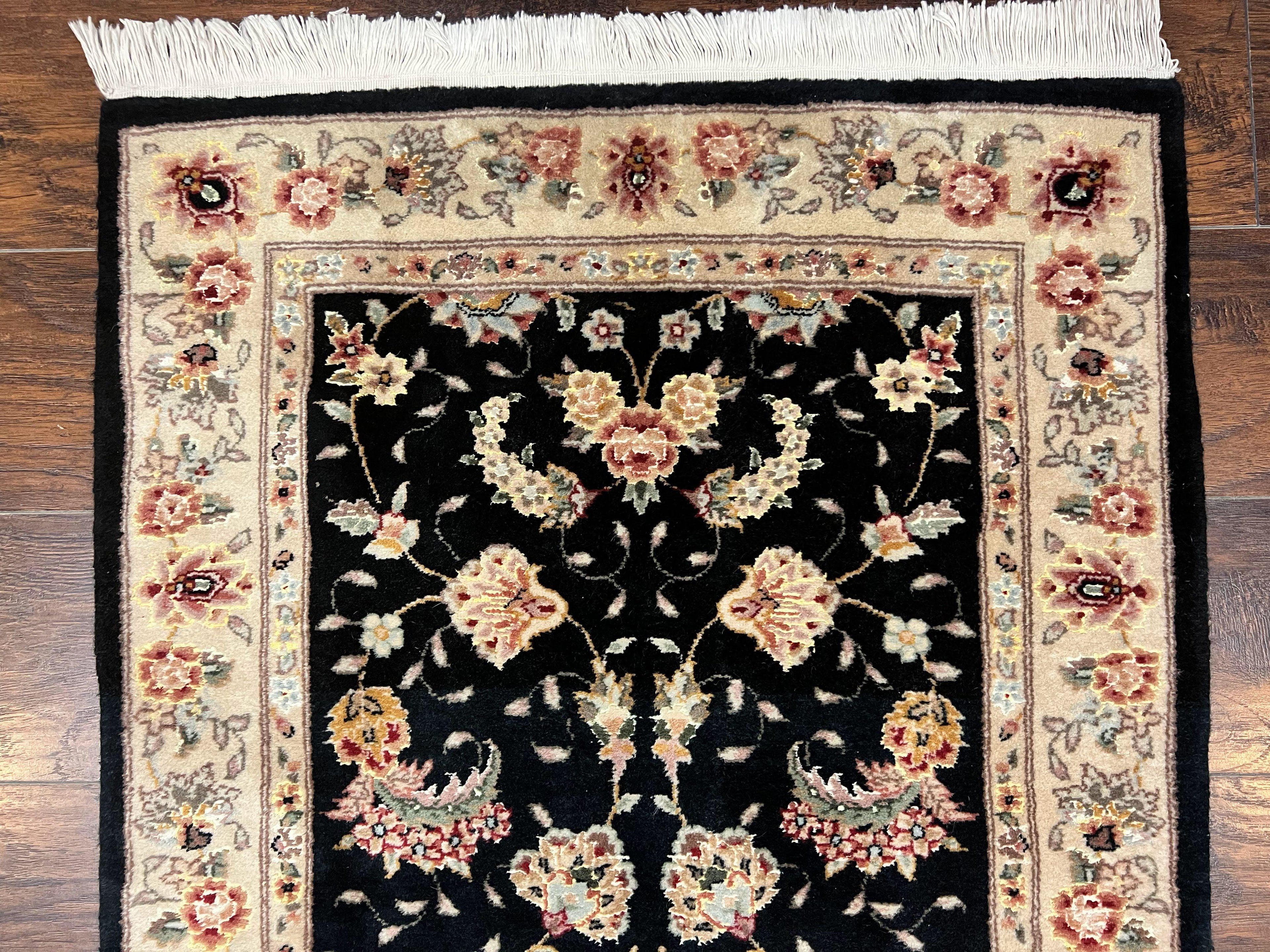 Sino Persian Short Runner Rug 2.7 x 6, Wool and Silk Highlights Black and Beige Handmade Vintage Floral Allover Oriental Carpet, Hallway Rug
