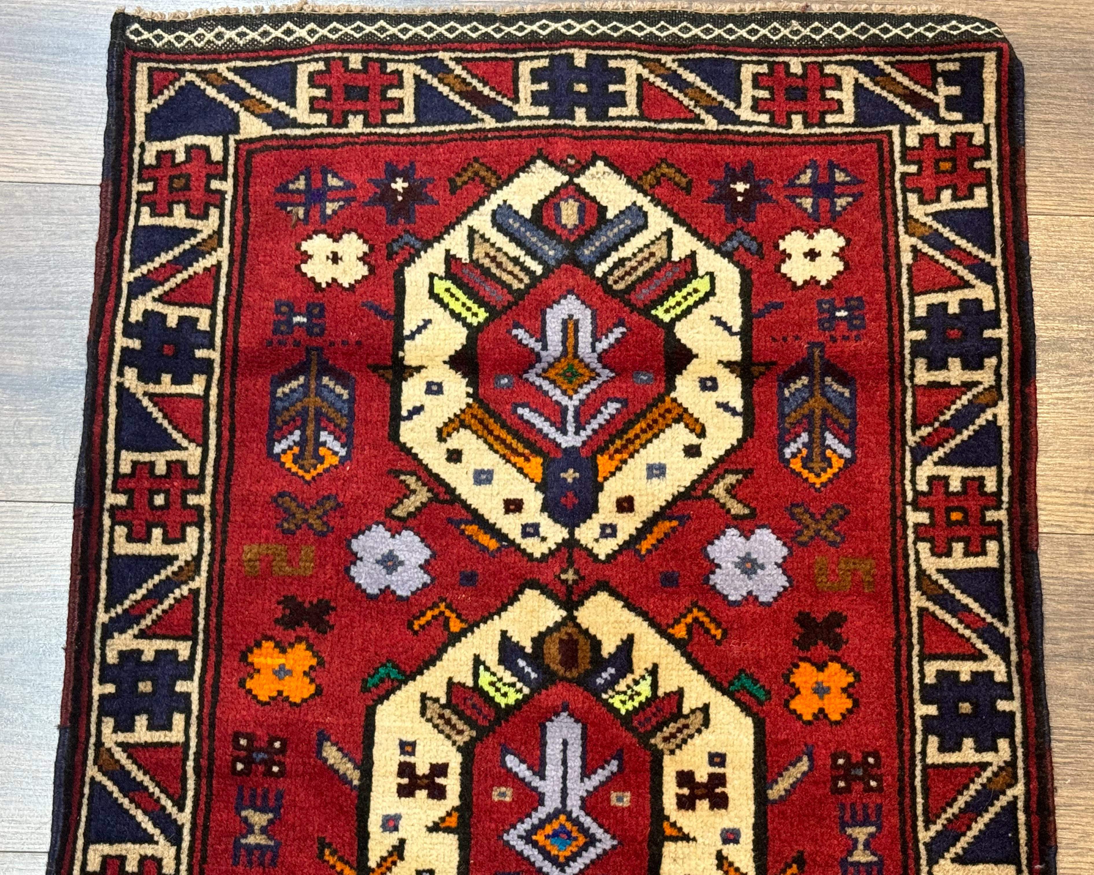 Small Persian Tribal Rug, Red and Ivory, Baluch Rug