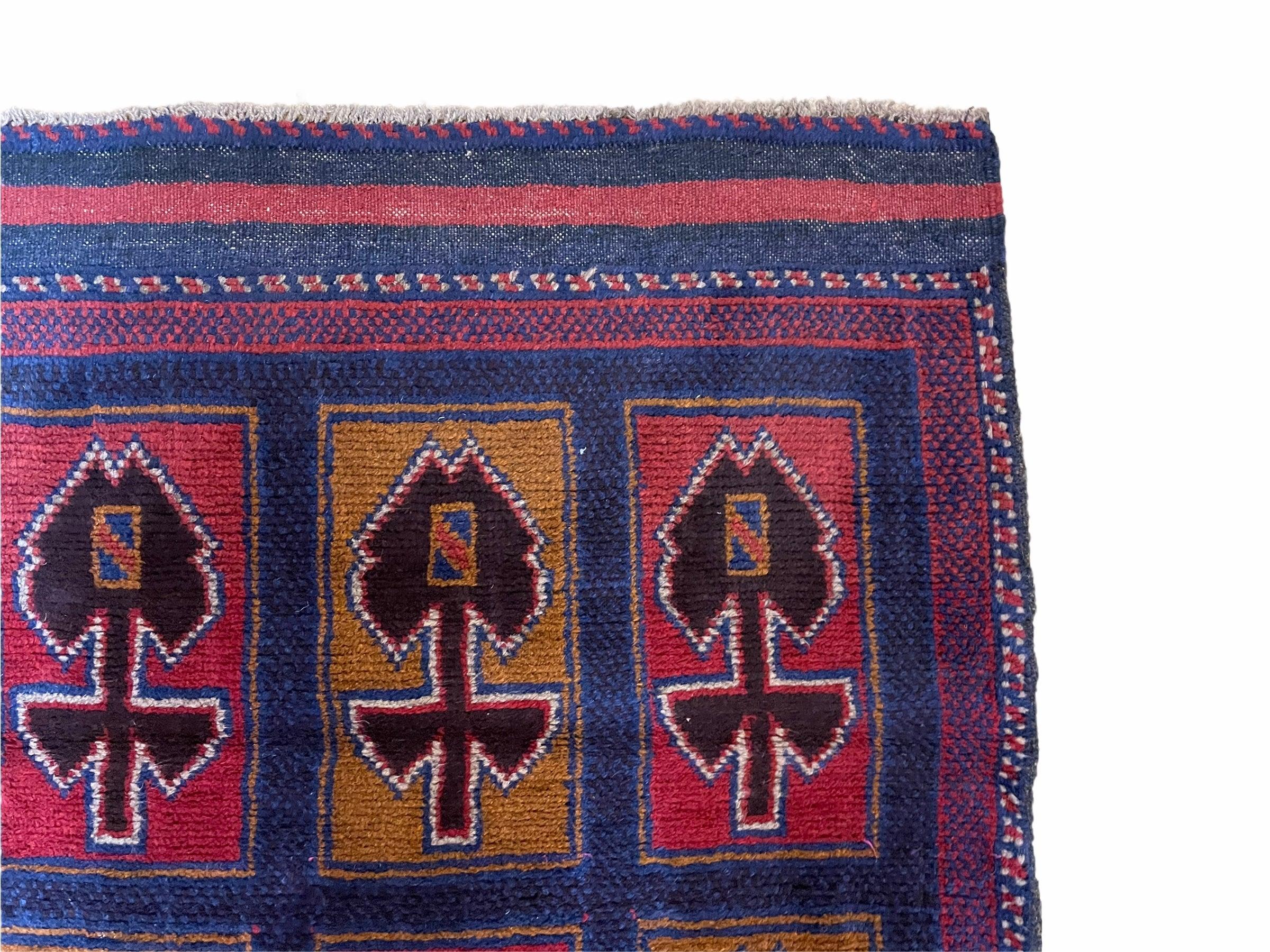 2' 9" X 4' 5" Vintage Handmade Tribal Wool Rug Balouchi Afghan Rug Blue Red 3x5