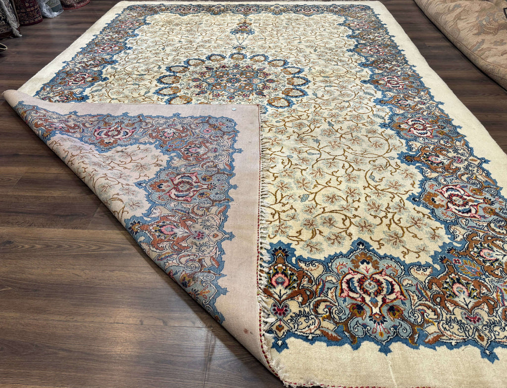Persian Kashan Rug 9 x 12.6, Ivory and Blue, Floral Medallion, Wool Hand Knotted Semi Antique Carpet