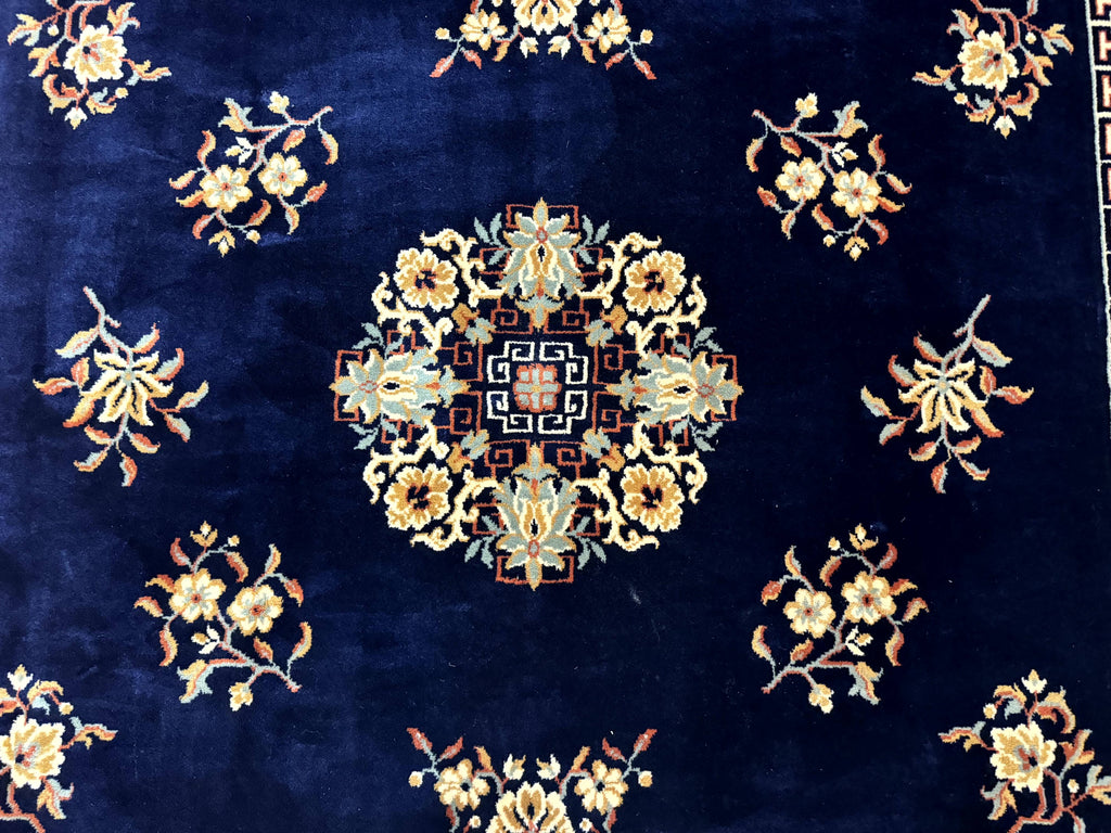 Chinese Wool Rug 8x11, Navy Blue and Terracotta, Floral, Couristan Belgium Power Loomed Carpet