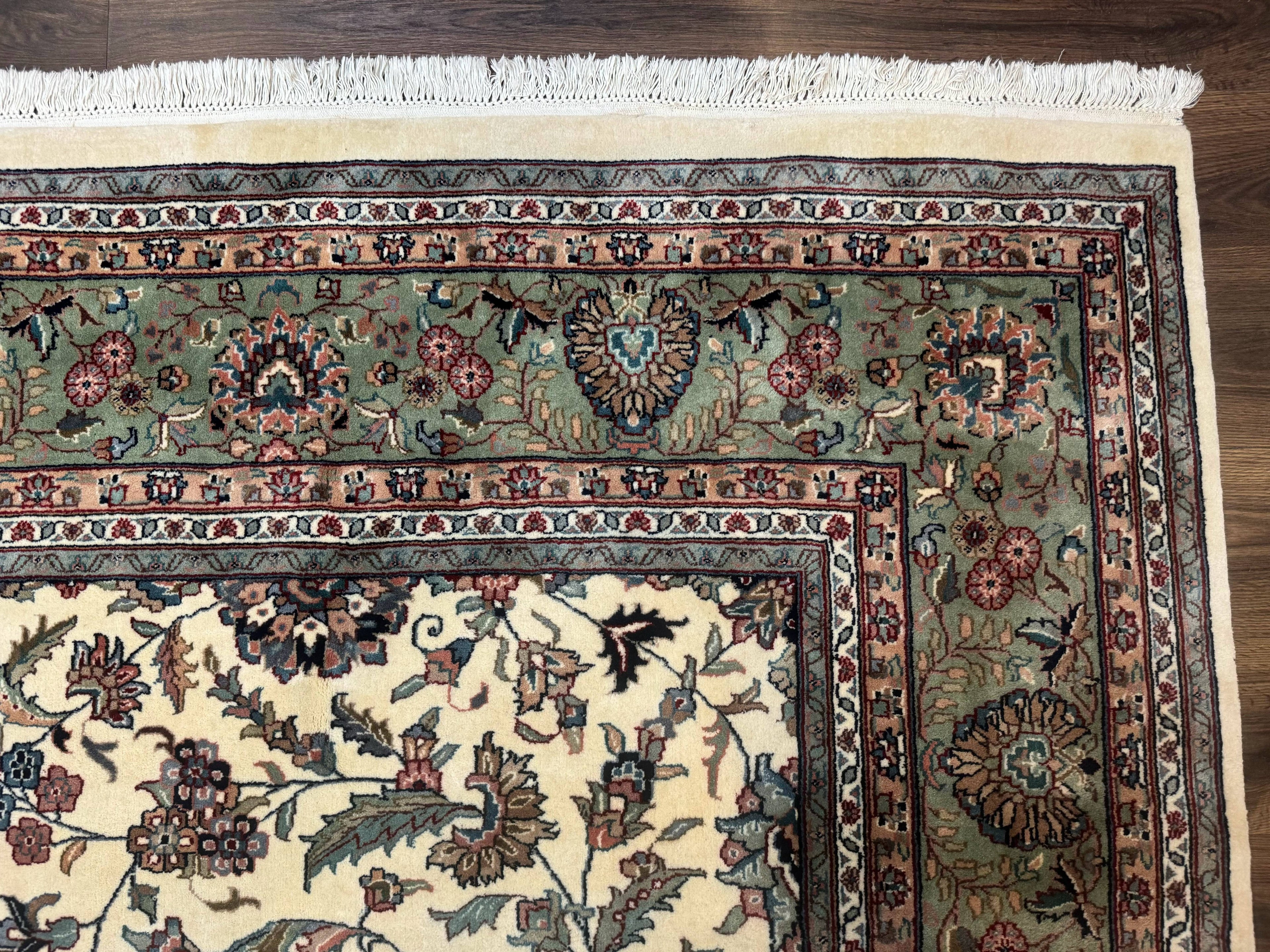 Indo Persian Rug 9x12, Allover Floral Pattern, Ivory & Green, Traditional Oriental Carpet