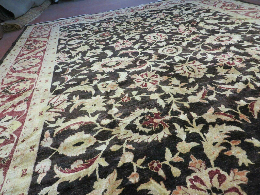 11' X 15' Vintage Hand Knotted Indian Agra Wool Rug Hand Made Dark Brown Floral
