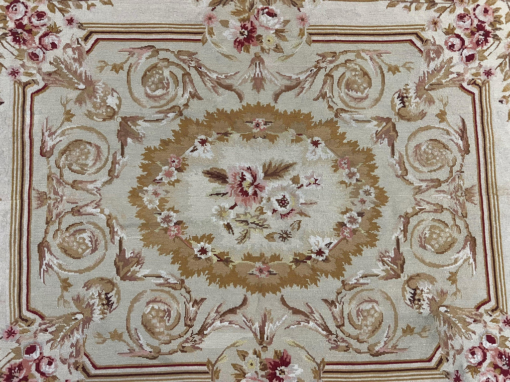 Aubusson Needlepoint Rug 4x5 ft, Beige and Tan, Aubusson Savonnerie Vintage Carpet, Handwoven Handmade Wool Rug, European Design Floral Rose