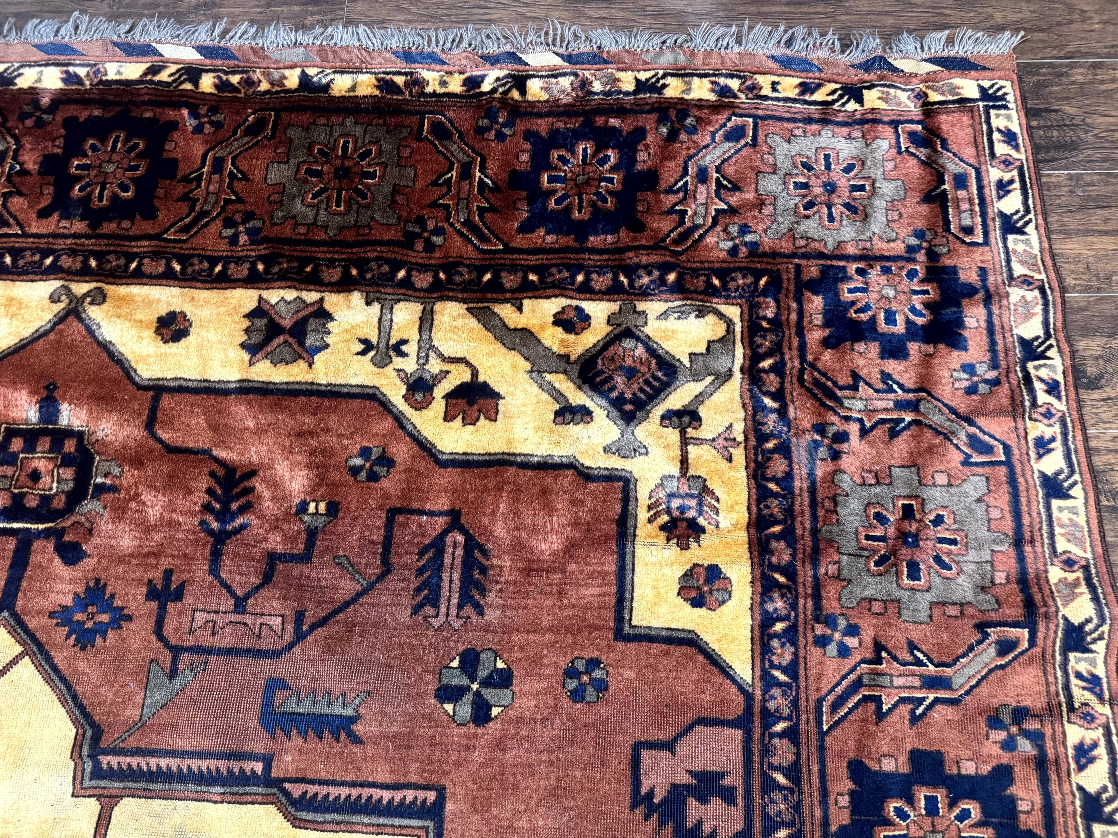 Afghan Heriz Rug 9x12, Tribal Geometric Serapi Carpet, Rust Cream and Navy, Wool on Wool
