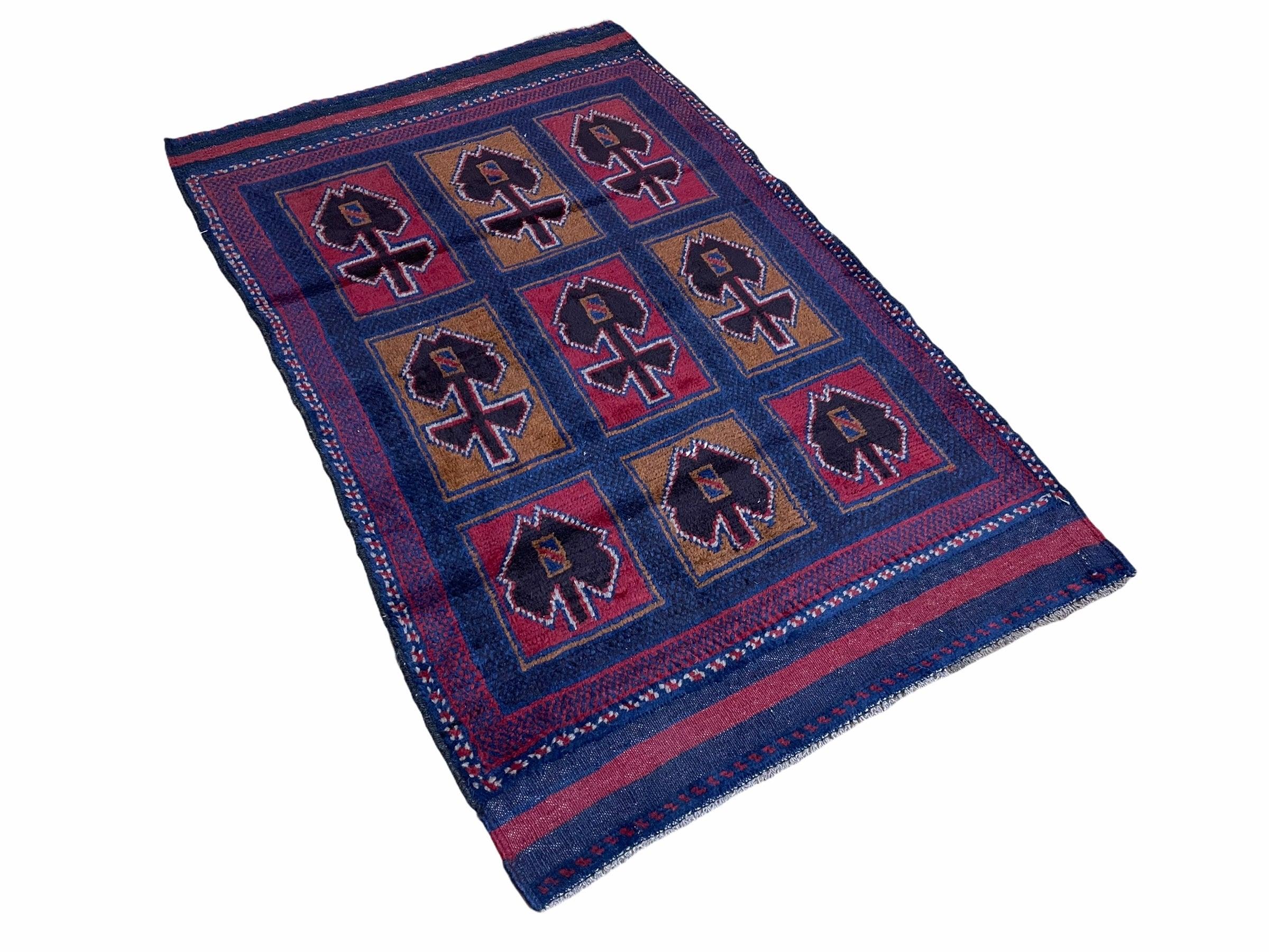 2' 9" X 4' 5" Vintage Handmade Tribal Wool Rug Balouchi Afghan Rug Blue Red 3x5