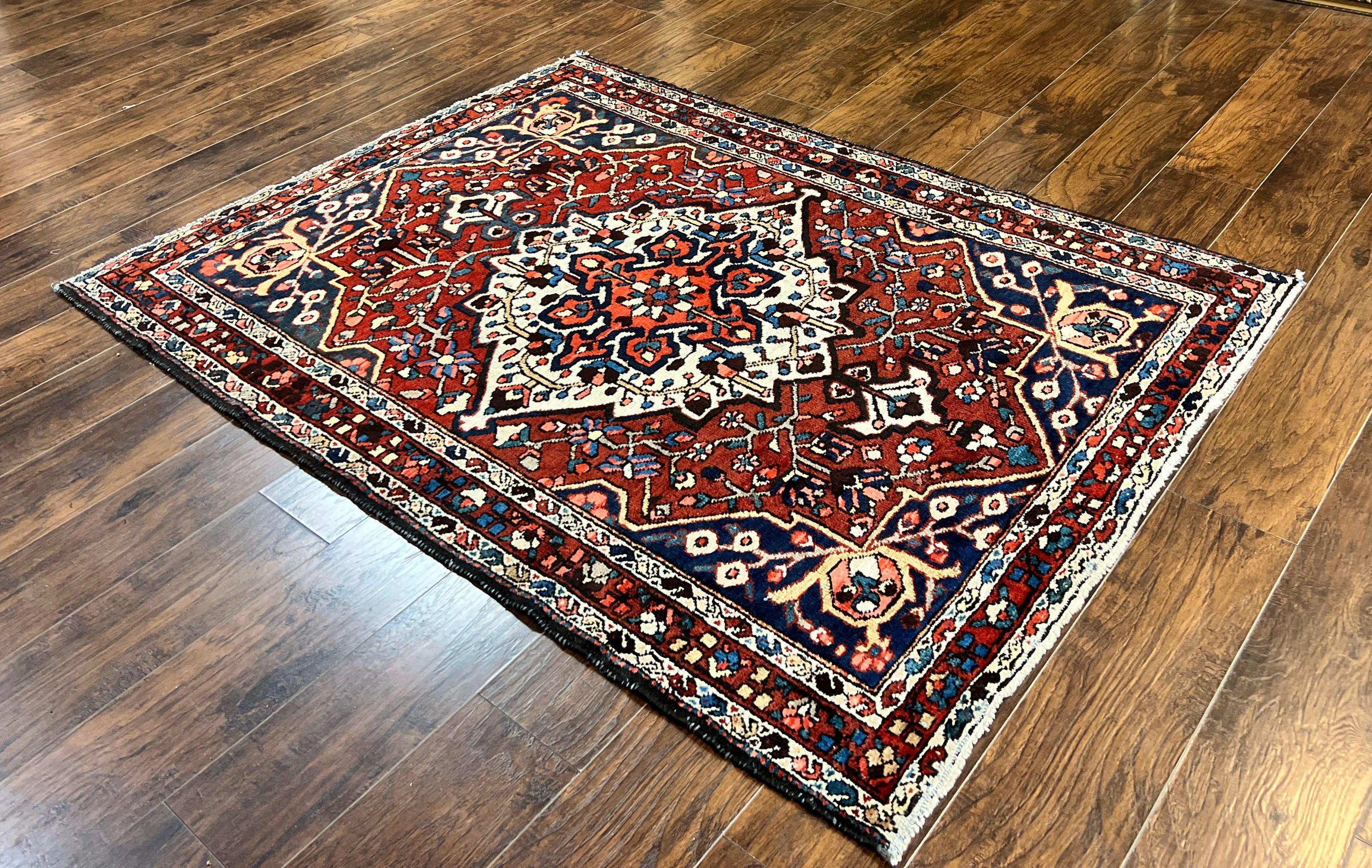 Persian Bakhtiari Rug 5 x 6.6, Tribal Geometric Carpet, Red Ivory, Handmade Wool Medium Sized Oriental Rug, Semi Antique Vintage