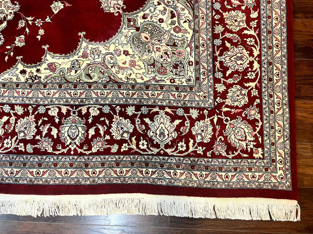 Pak Persian Rug 9x12, Handmade Vintage Traditional Wool Carpet, Floral Medallion, Dark Red Ivory/Cream, Fine 250 KPSI