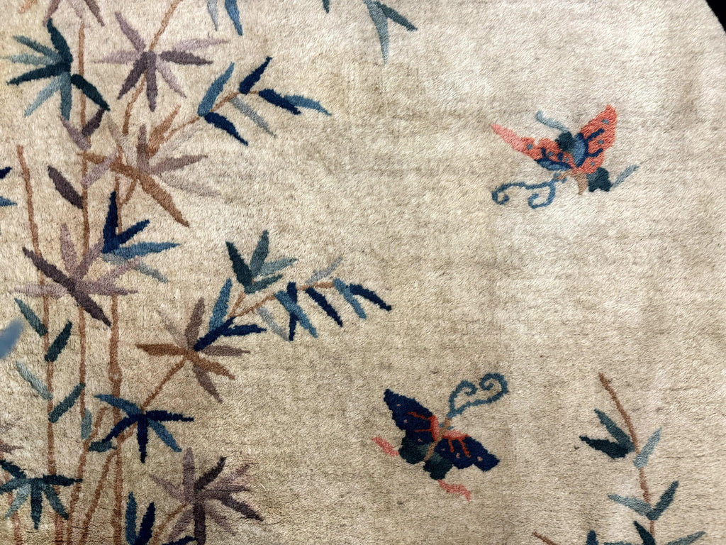 Antique Chinese Oval Rug 3.9 x 6.7, Floral, Butterflies, Chinese Wool Art Deco Peking Carpet, Beige, Handmade