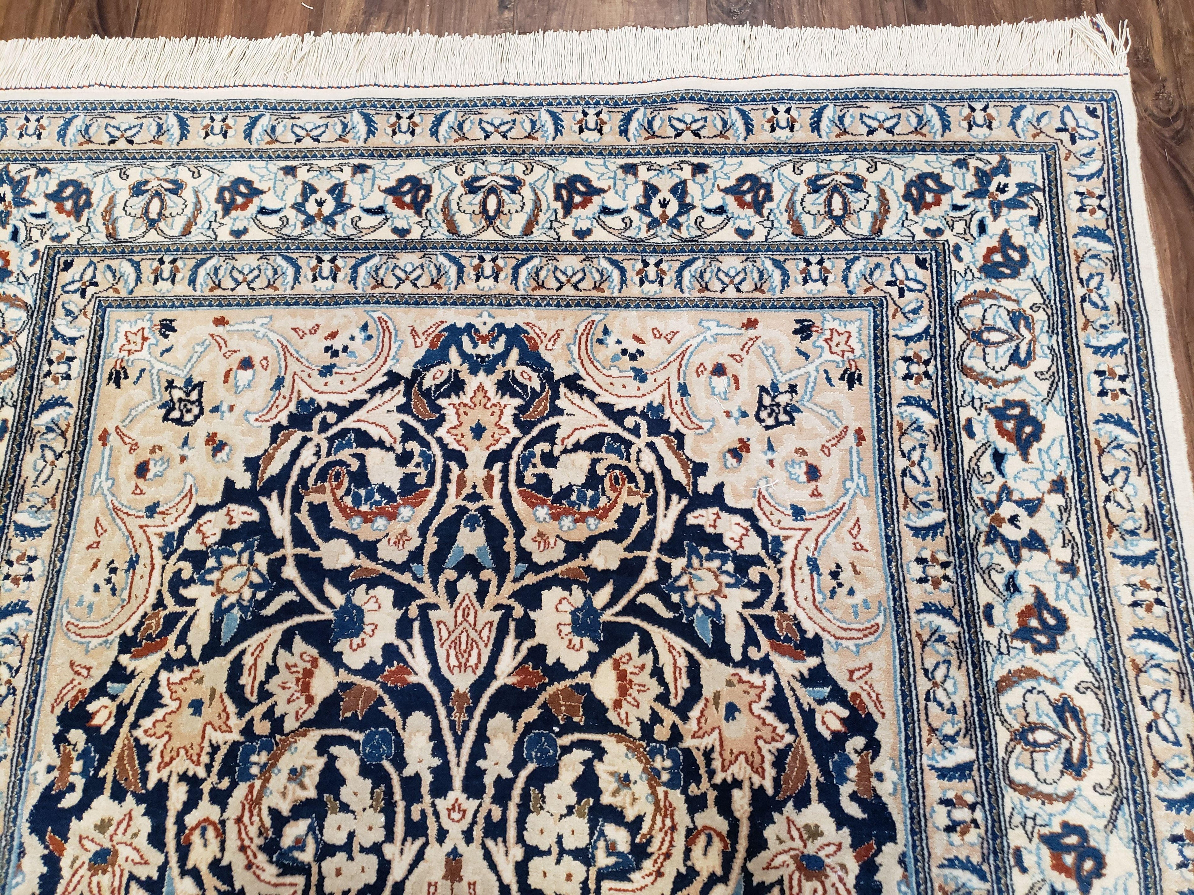 Persian Nain Rug 4x6, Ivory and Blue, Hand-Knotted, Wool & Silk