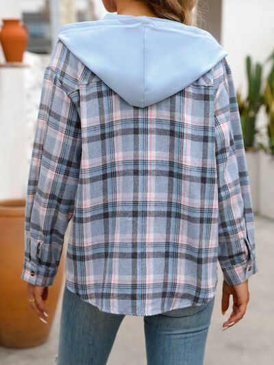 Plaid Buttoned Long Sleeve Hooded Jacket for Women – Cozy & Stylish Cotton-Blend Outerwear