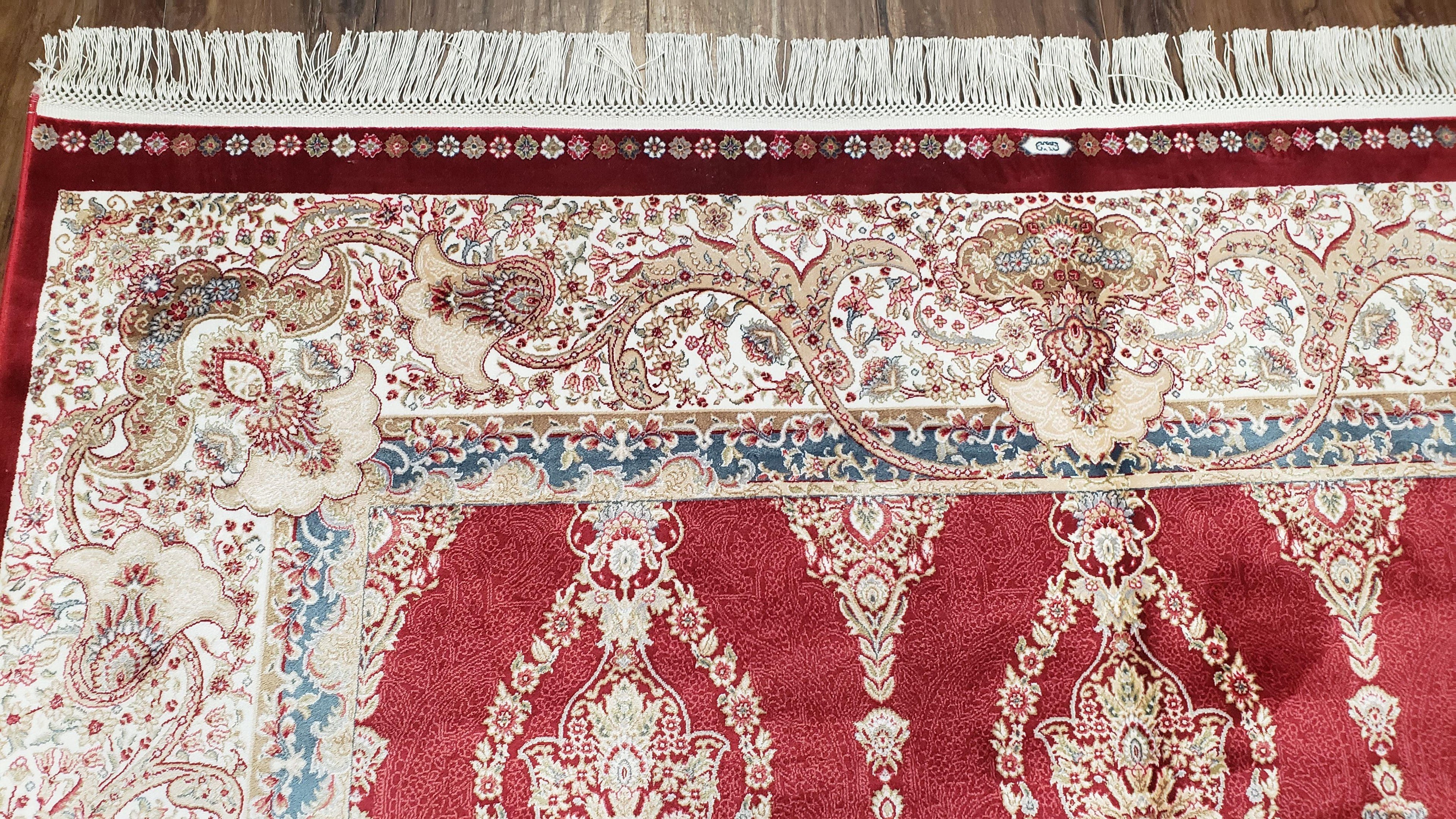 Dark Red Silk Carpet 5.3 x 7.6 ft, 5x8 Silk Rug, New Turkish Silk Carpet, Mint Condition, Beige & Red Area Rug, Bamboo Silk, High Quality
