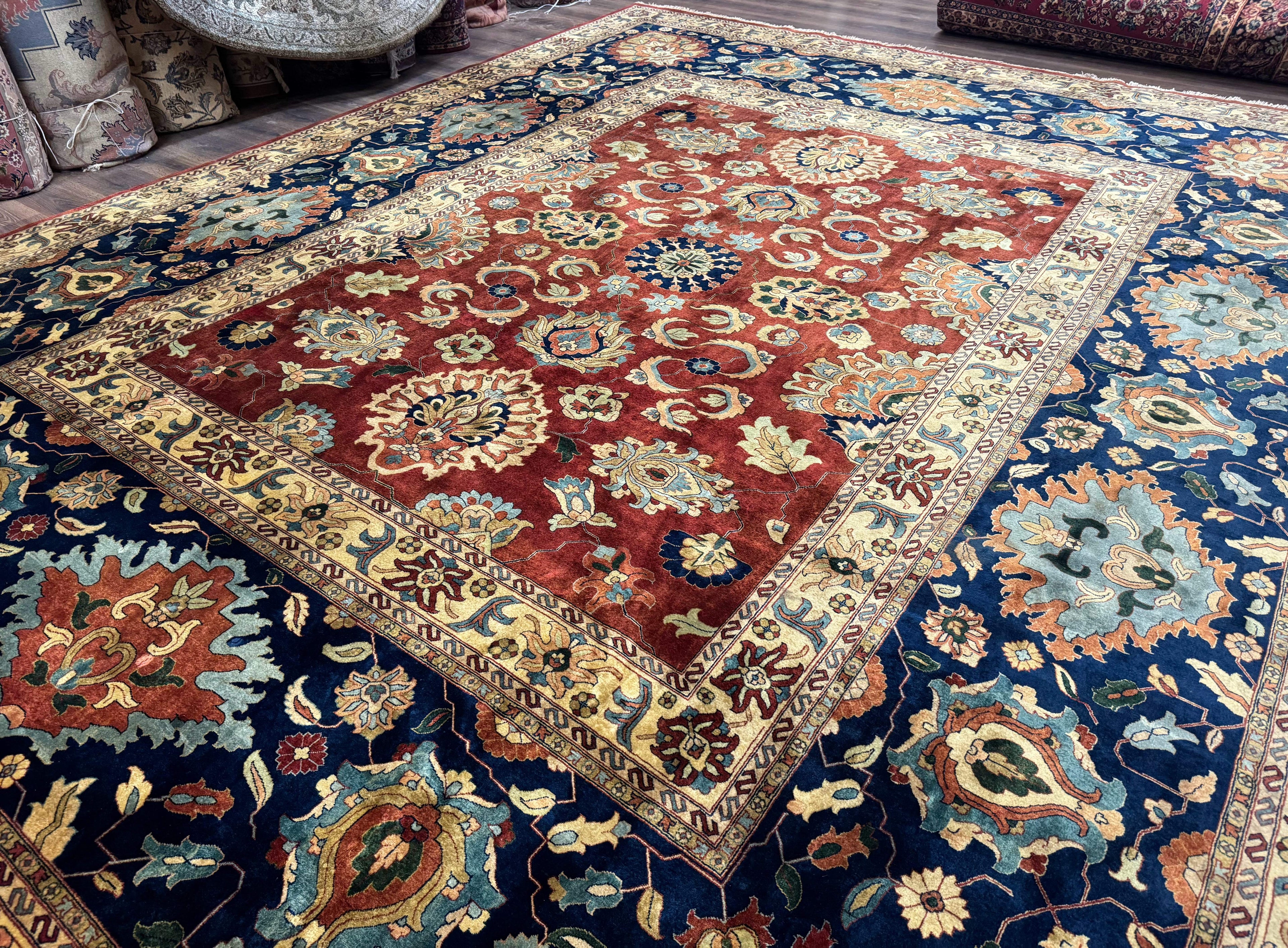Palace Size Indo Persian Rug 12x15, Sultanabad Mahal Carpet, Red Navy Blue, Fine 210 KPSI