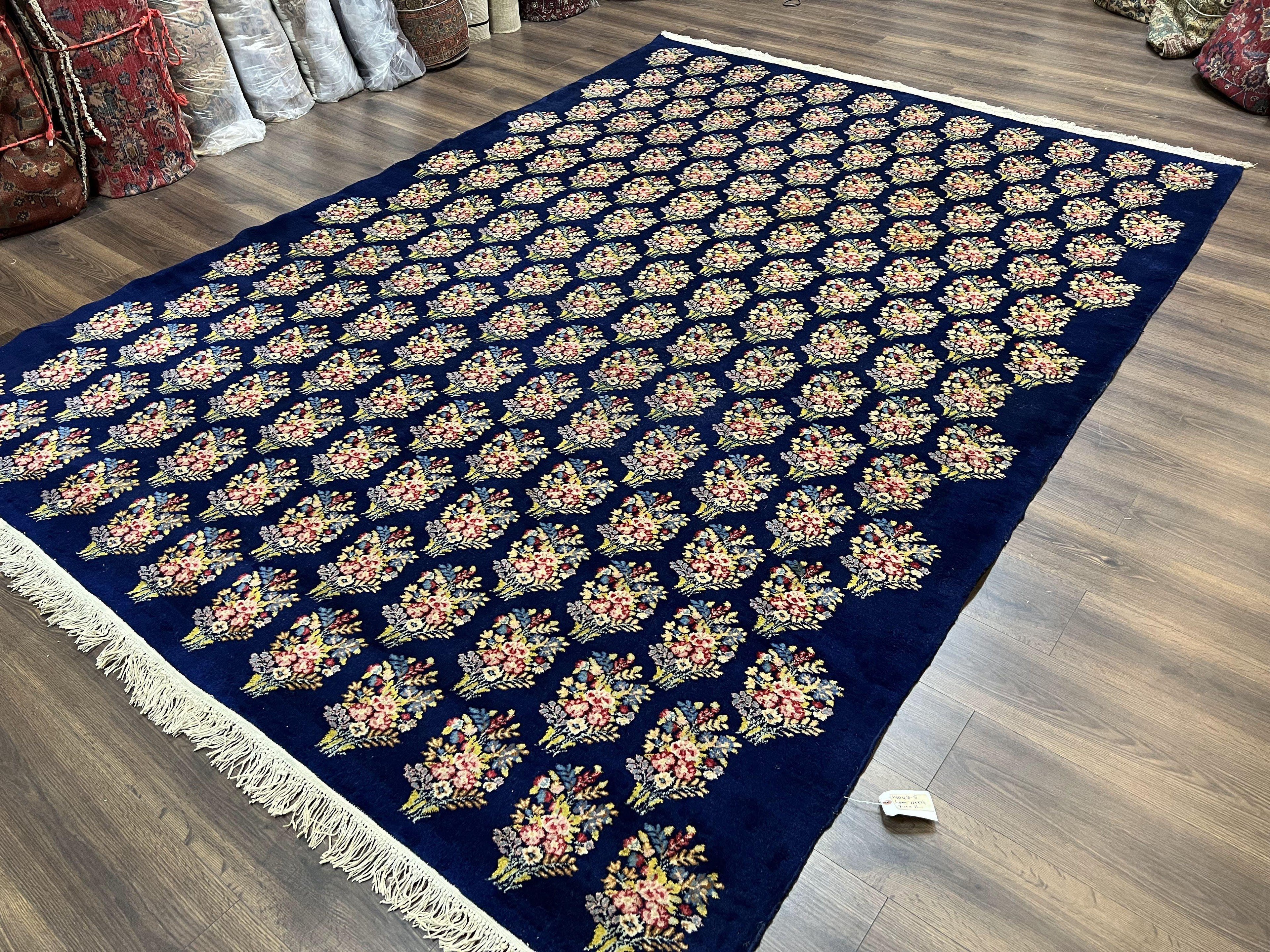 Persian Rug 9x12, Authentic Hand Knotted Carpet, Repeated Floral Motif Garden of Eden, Navy Blue Wool Rug 9 x 12, Semi Antique Kirman Rug