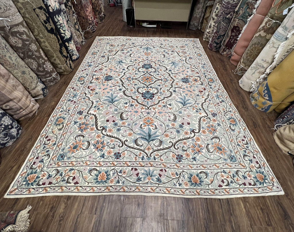 Chain Stitched Rug 9x12 Vintage Carpet 9 x 12 Flatweave Rug, Ivory Teal Rug, Area Rug 9 by 12, Hand Stitched Rug, Medallion, Indian Rug