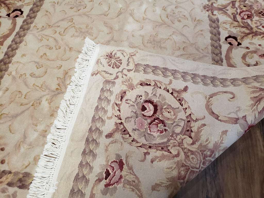 Vintage Ivory Chinese Aubusson Area Rug 6x9, Wool & Silk, Hand-Knotted 120 Line Fine Rug, European Design Carpet, 6 x 9 Master Signature Rug