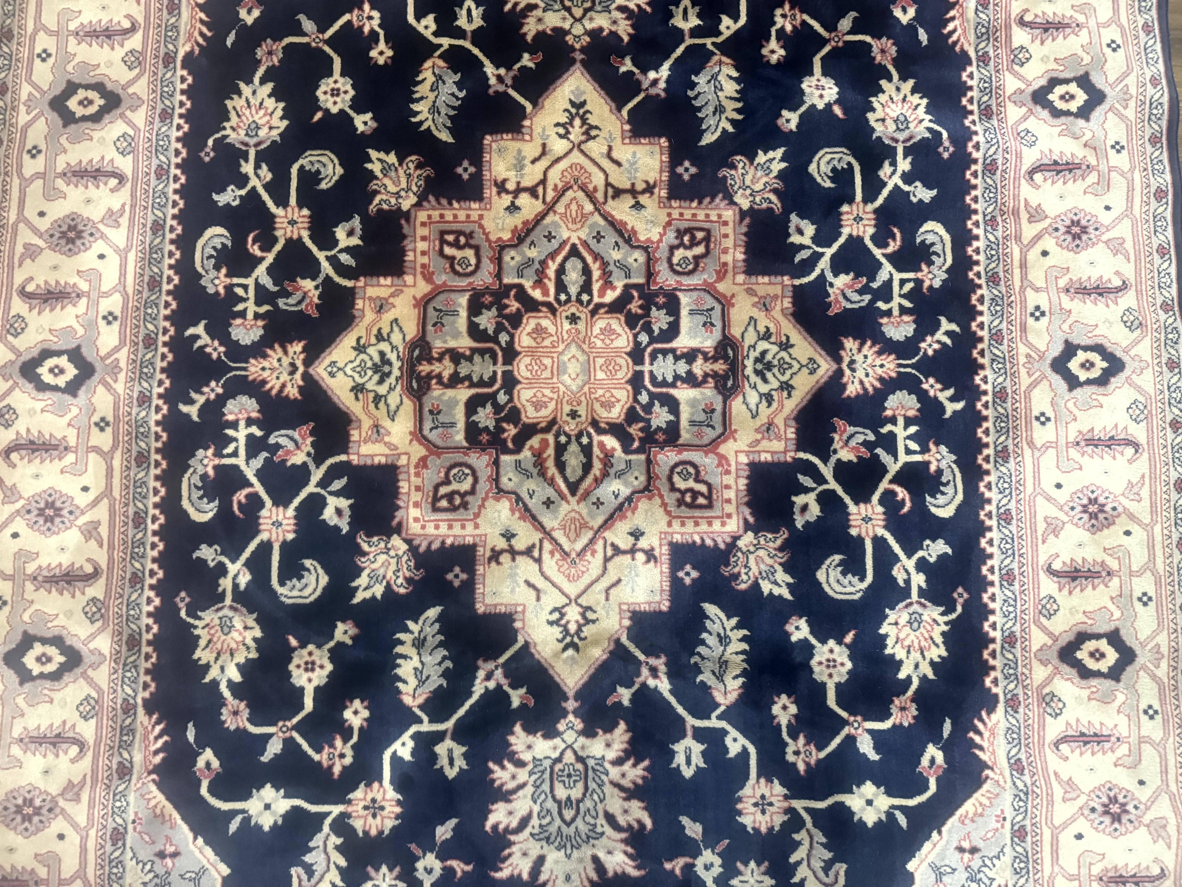 Karastan Rug Navy Serapi, Kara Shah Rug, Navy Blue, 5.6 x 8.6, Vintage Karastan Area Rug, Wool Pile Karastan Rug