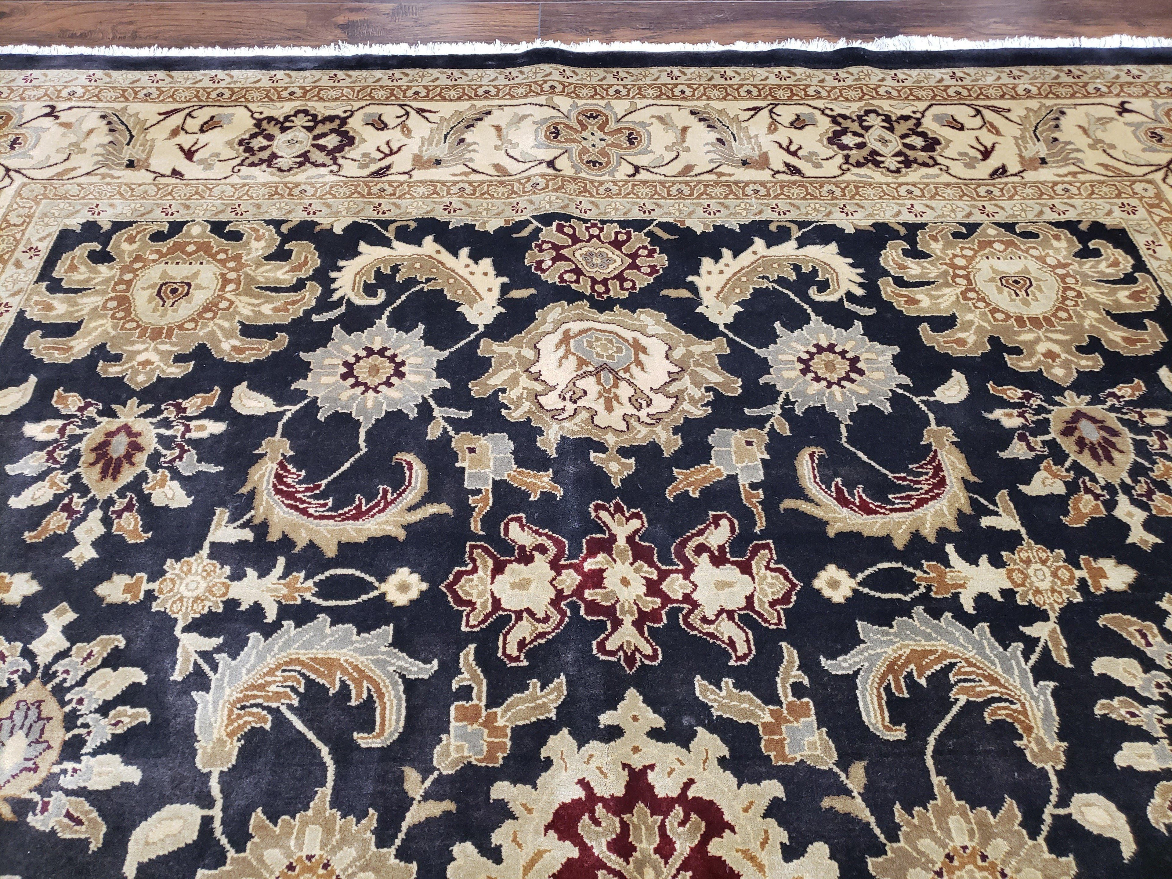 Indo Mahal Rug 8x12, Indian Sultanabad Handmade Area Rug, Vintage Hand-Knotted Wool Black Floral Traditional Oriental Dinning Room Rug