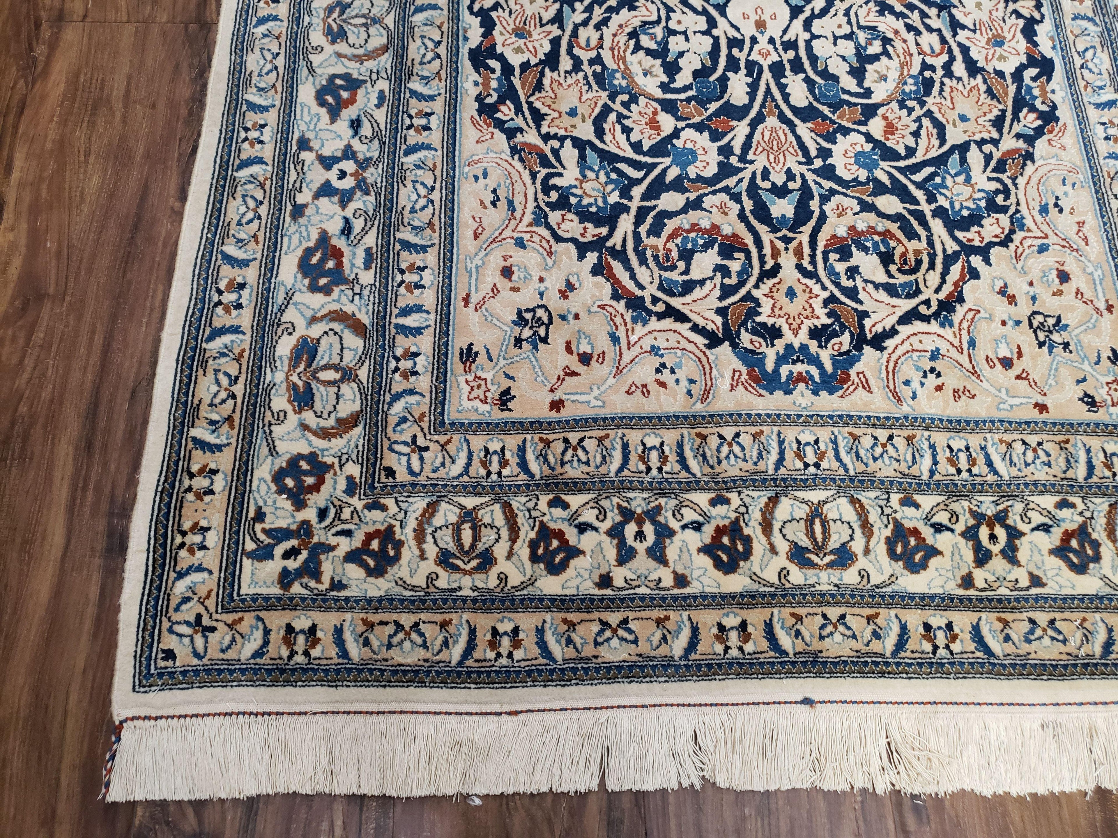 Persian Nain Rug 4x6, Ivory and Blue, Hand-Knotted, Wool & Silk