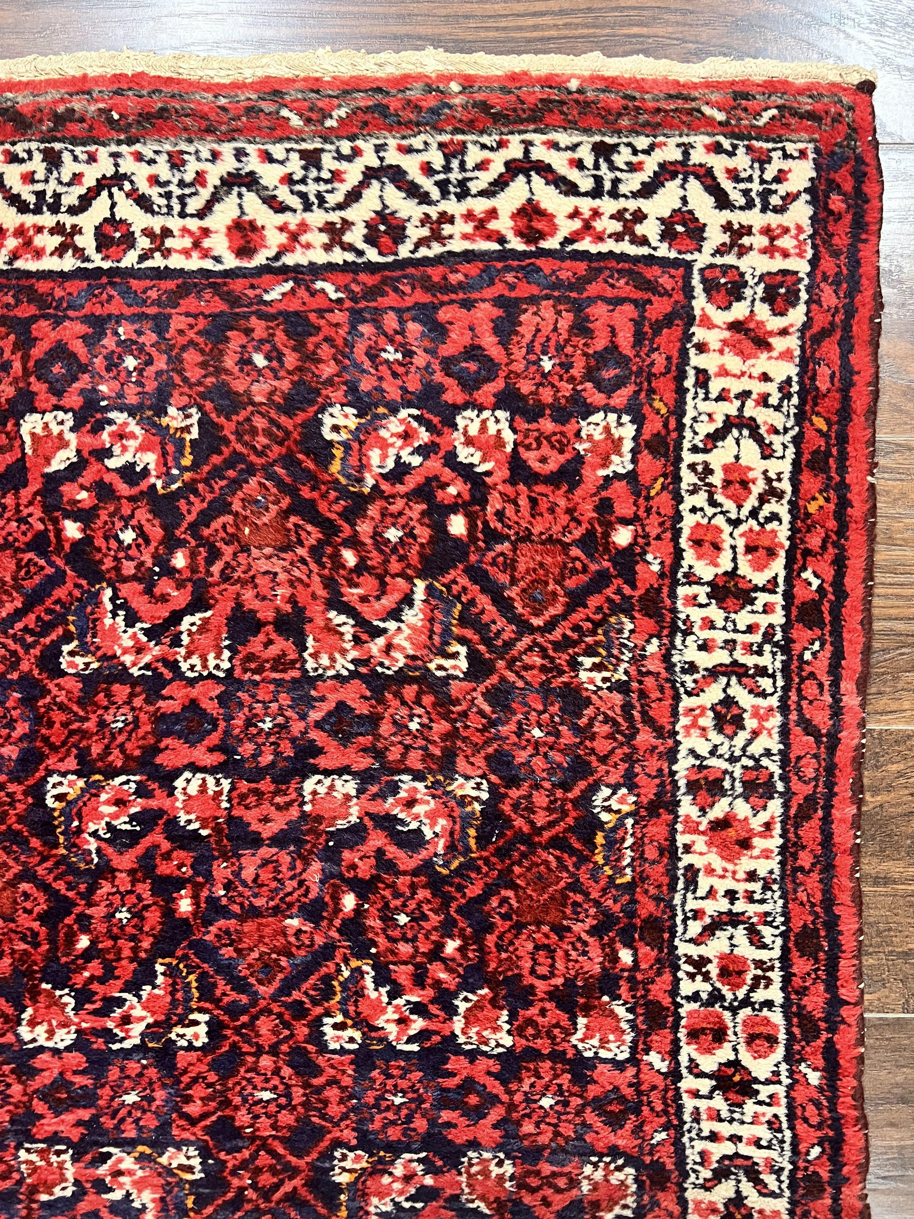 Persian Tribal Runner 3 x 9, Hamadan Dargazin Rug, Dark Blue and Red Wool Hand Knotted Hallway Rug, Vintage Antique Oriental Runner, 9ft Long Runner, Herati