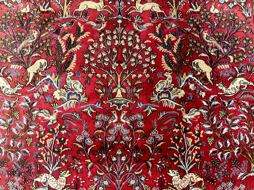 Persian Qum Rug 9x12, Animal Pictorials, Deer Birds, Tree of Life, Red and Navy Blue