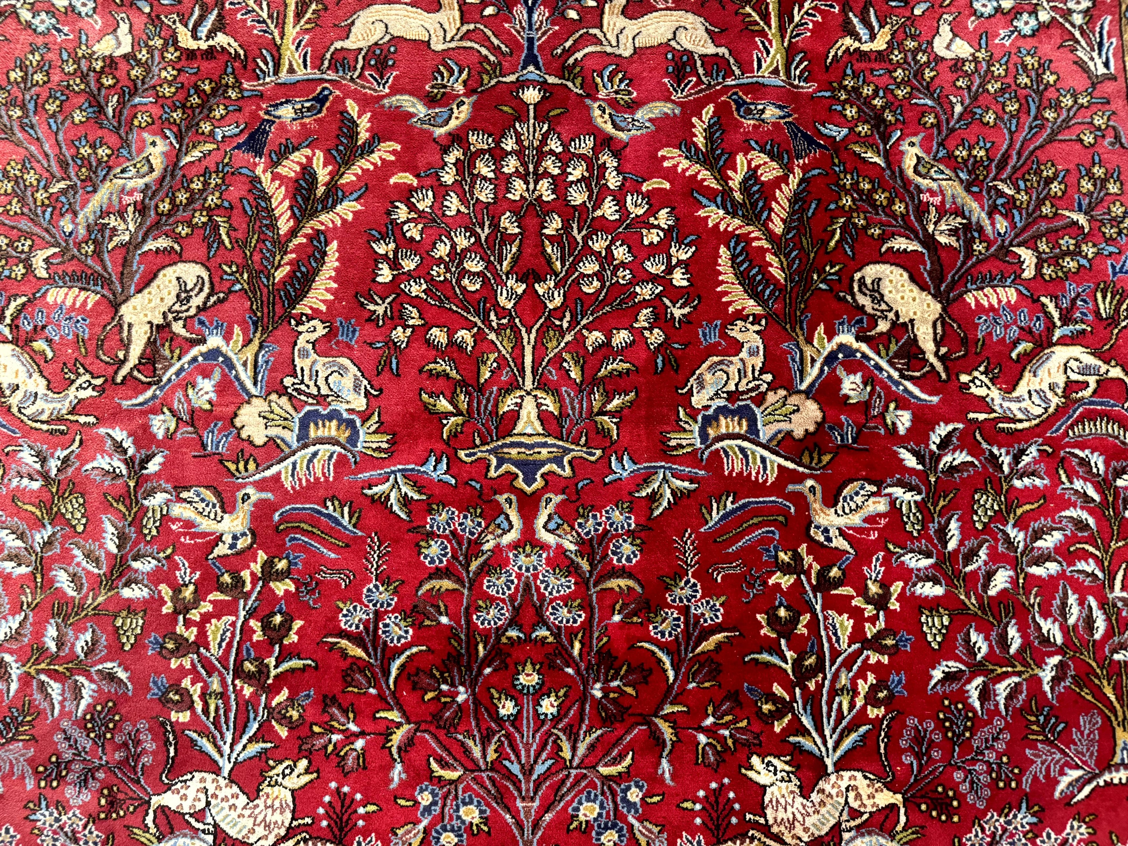 Persian Qum Rug 9x12, Animal Pictorials, Deer Birds, Tree of Life, Red and Navy Blue
