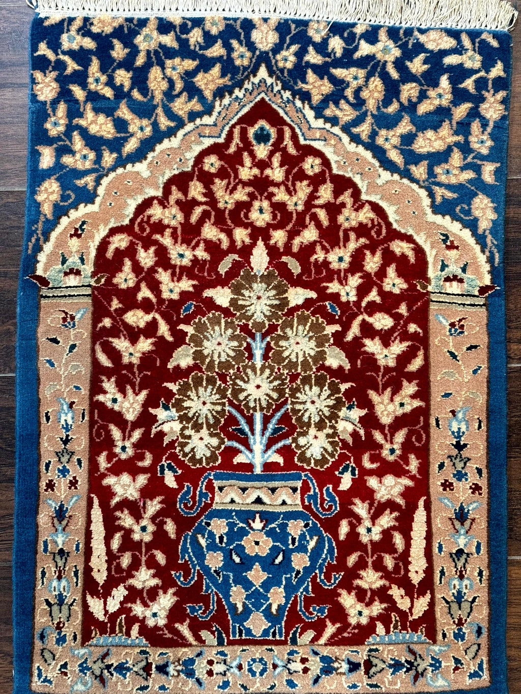 Small Persian Nain Rug, Persian Vase Tree of Life Design, Red and Blue, Very Fine 260 KPSI, Wool and Silk Highlights